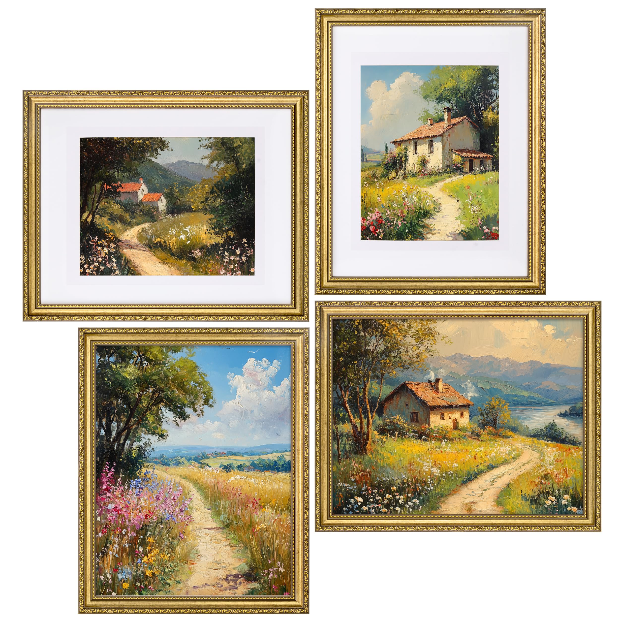 eletecpro 11x14 Picture Frames Set of 4, Vintage Photo Frame with Glass, Gold Frames 11 x 14 Display 8x10 Photo with Mat or 11x1