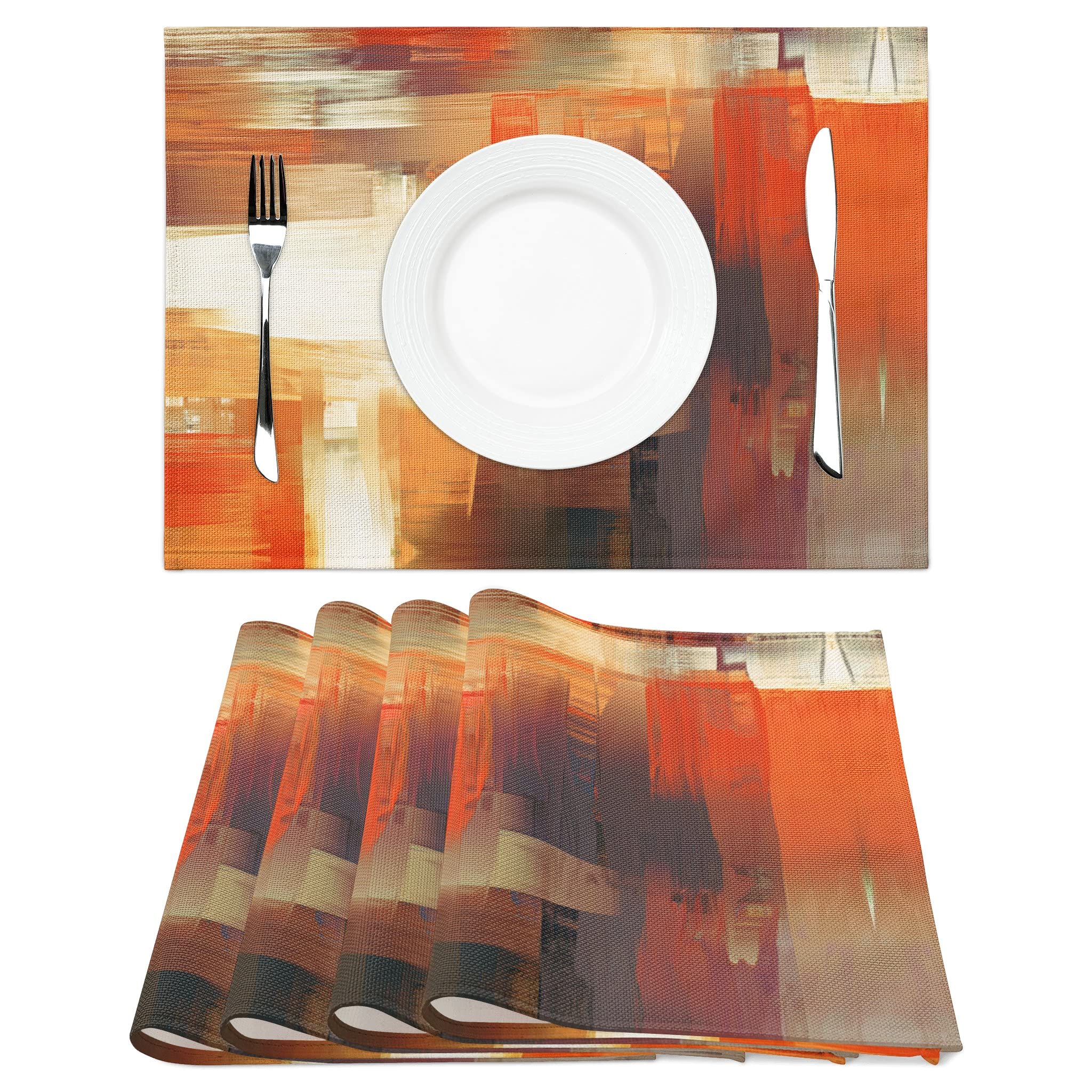 Modern Art Placemats Set Of 4 Orange Abstract Painting Place Mats Washable Linen Placemat For Kitchen Dining Table Home Party De