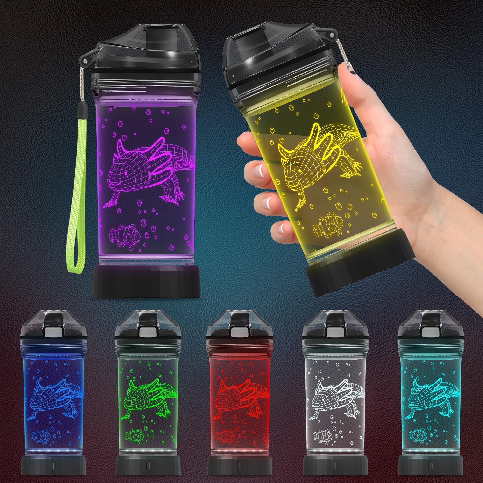 CoolGift Mart Axolotl Water Bottle, Light Up 3D Salamander Design, 14oz Tritan BPA Free - Best Gift for 4 5 6 7-Year-Old Boys Gi