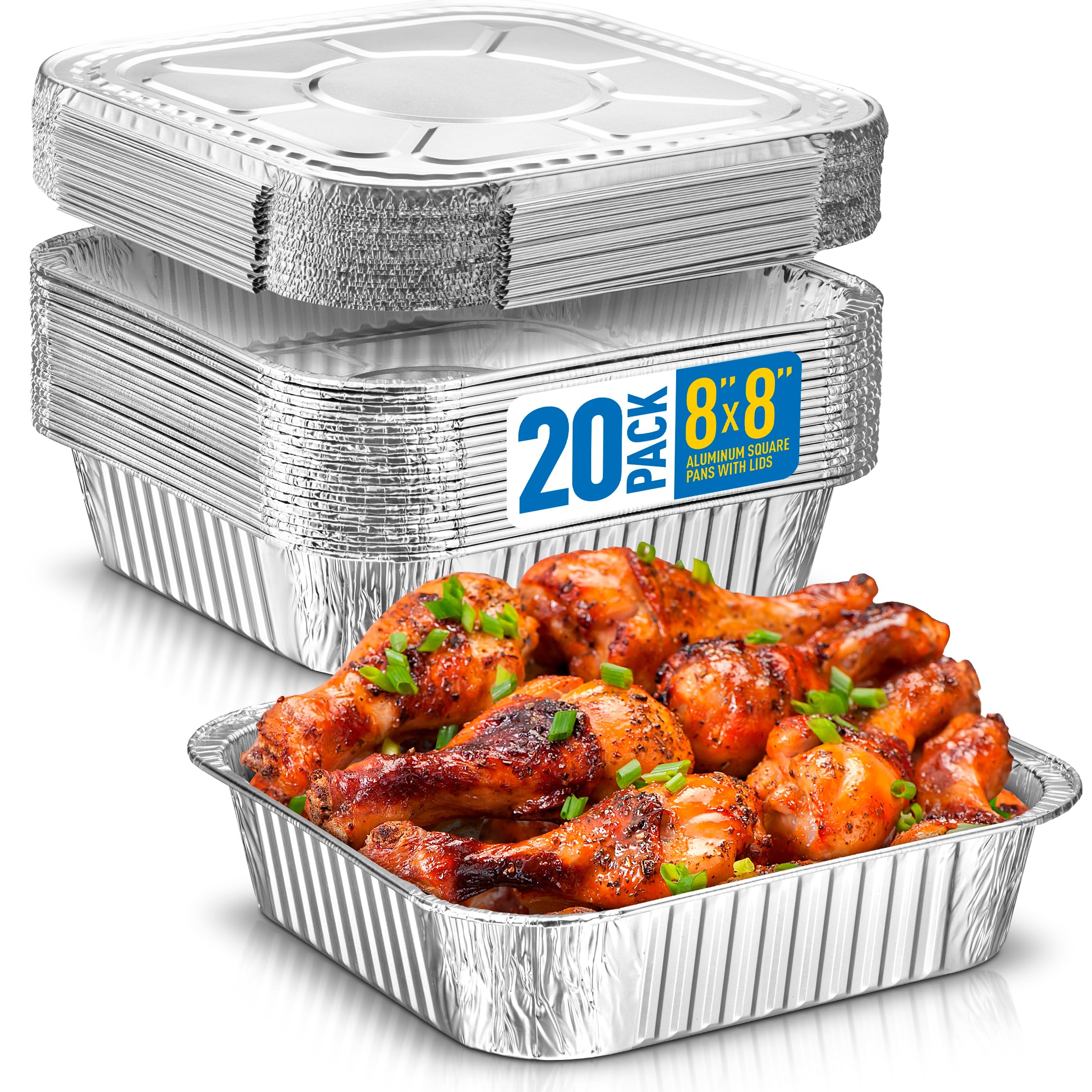 8X8 Disposable Aluminum Pans With Lids - 20 Pack Foil Pans For Cooking, Baking Cakes, Roasting & Homemade Breads - Disposable Fo