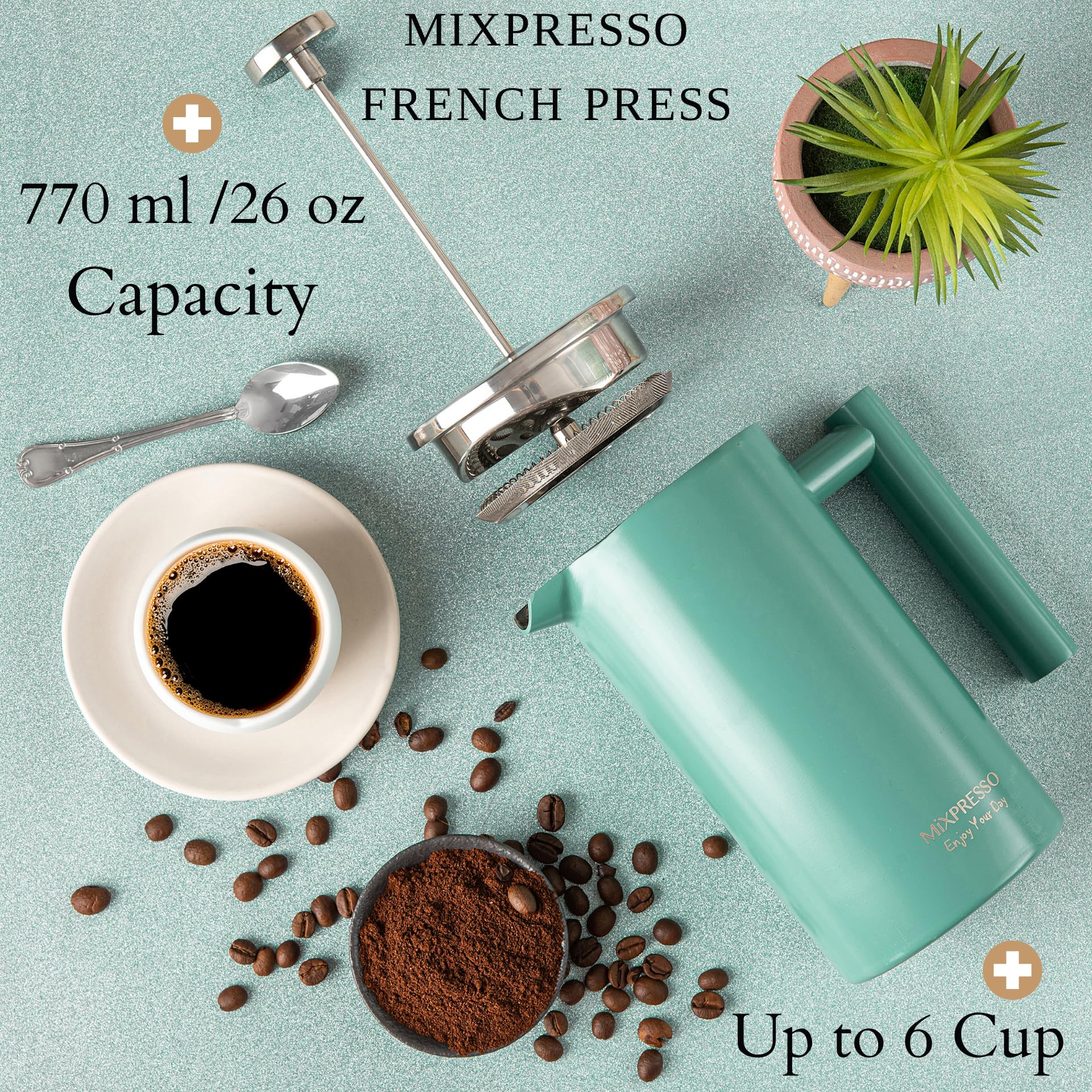 Mixpresso Stainless Steel French Press Coffee Maker 26 Oz 770 Ml Double Wall Metal Insulation Coffee Press & Tea Brewer Easy Cle