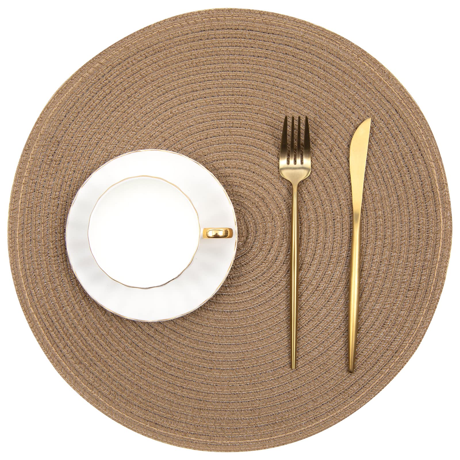 SHACOS Round Braided Placemats Set of 6 Washable Cotton Polyester 15 inch Round Table Place Mat for Dining Table (Brown, 6)