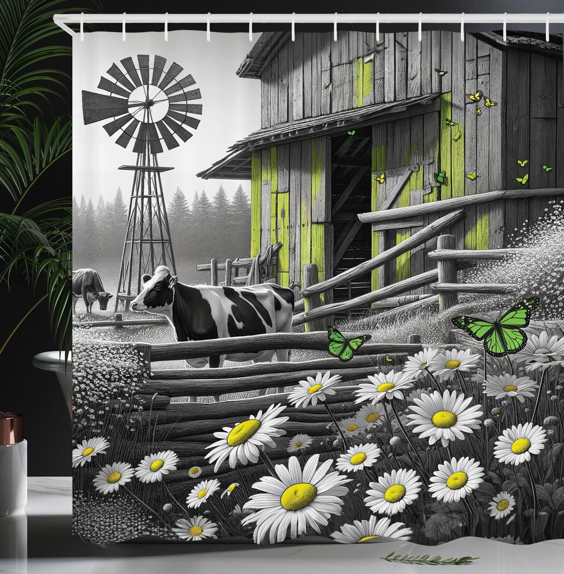 Ambesonne Farmhouse Shower Curtain, Black And White Effect Barn With Cow And Butterflies Farm Life Windmill, Cloth Fabric Bathro
