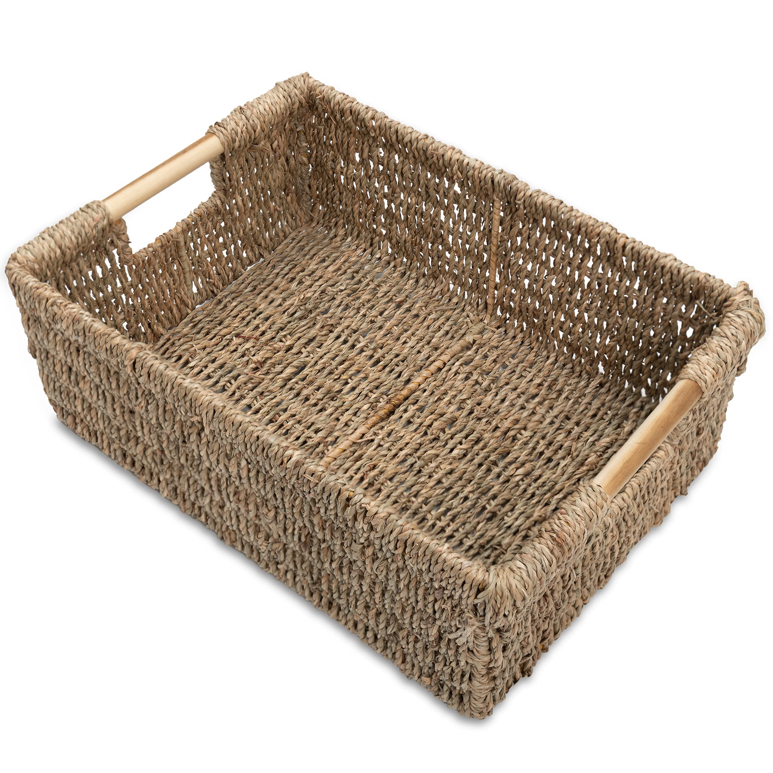 Large Natural Wicker Basket Rectangular With Wooden Handles, Seagrass Storage For Organizing, Shelves 15.5 X 10.6 X 5.5 Inches
