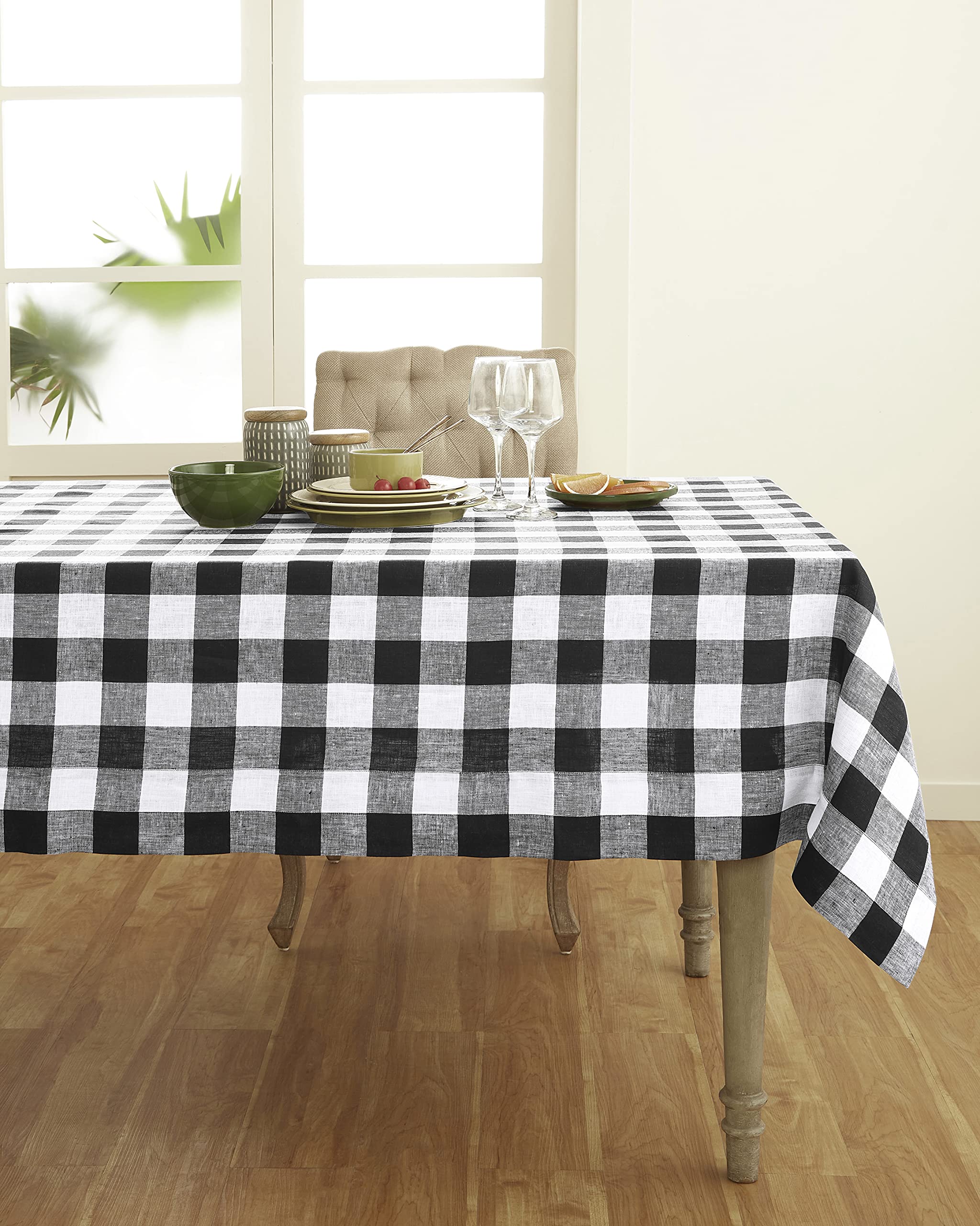 Solino Home Buffalo Check Linen Tablecloth 108 ''L X 60 ''W Inch - 100% Pure Linen Black And White Table Cloth For Rectangle Tab