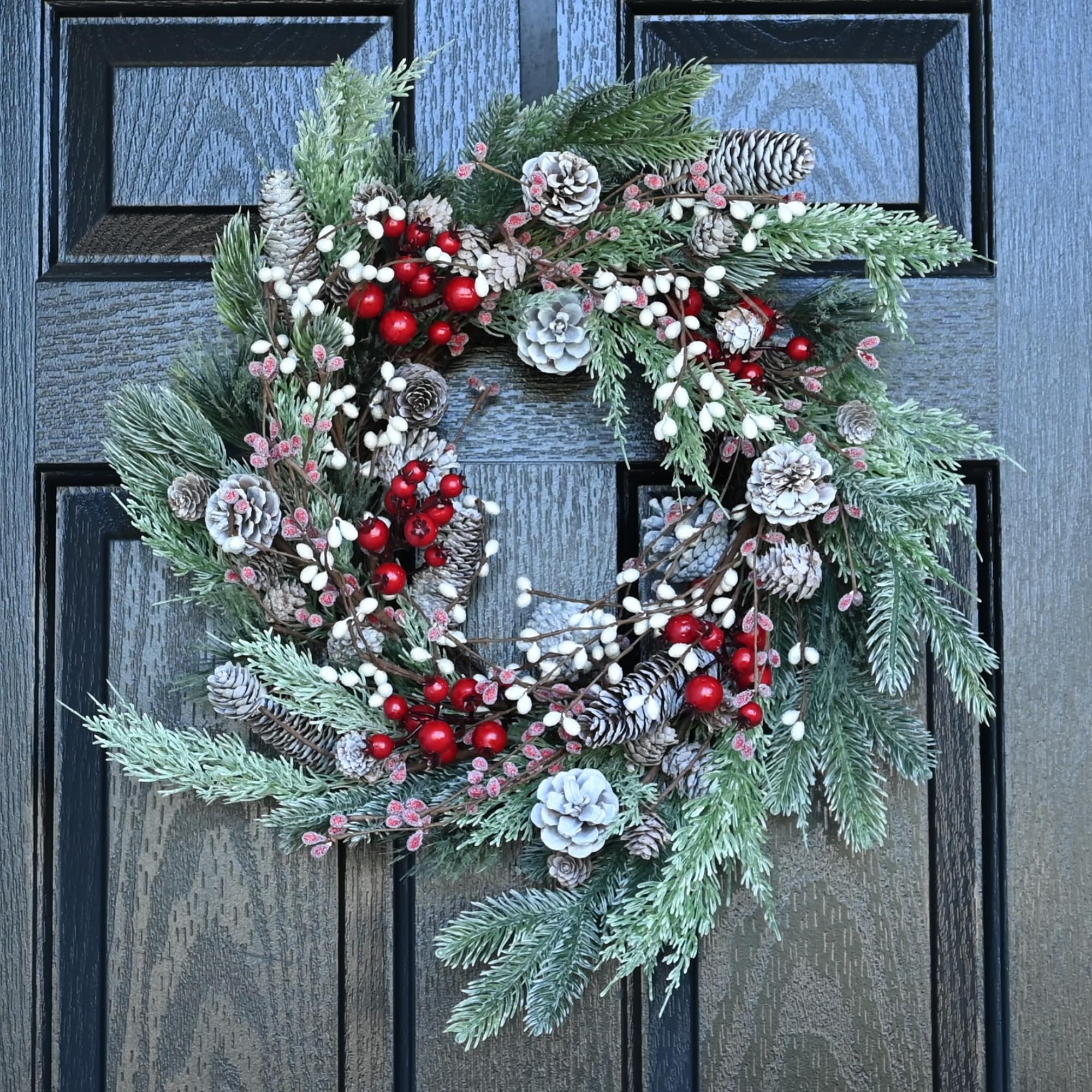 Christmas Wreath for Front Door, 24 inch Winter Wreaths with Natural Pine Cones, Red Berries,Spruce Branches,Xmas Indoor Outdoor