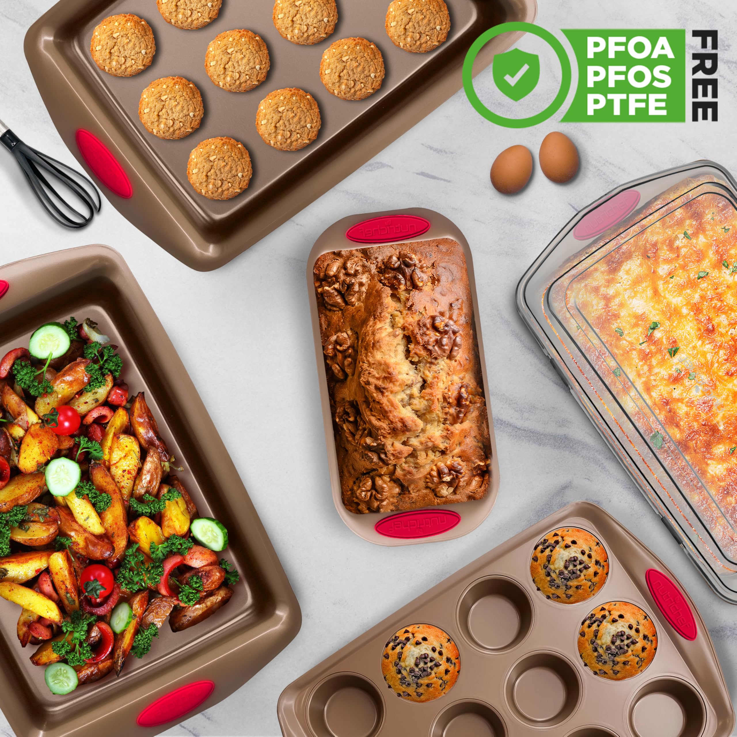 Nutrichef 5-Piece Nonstick Baking Pan Set - Premium Steel Bakeware W/Silicone Handles - Includes 2 Baking Sheets, 12-Cup Muffin