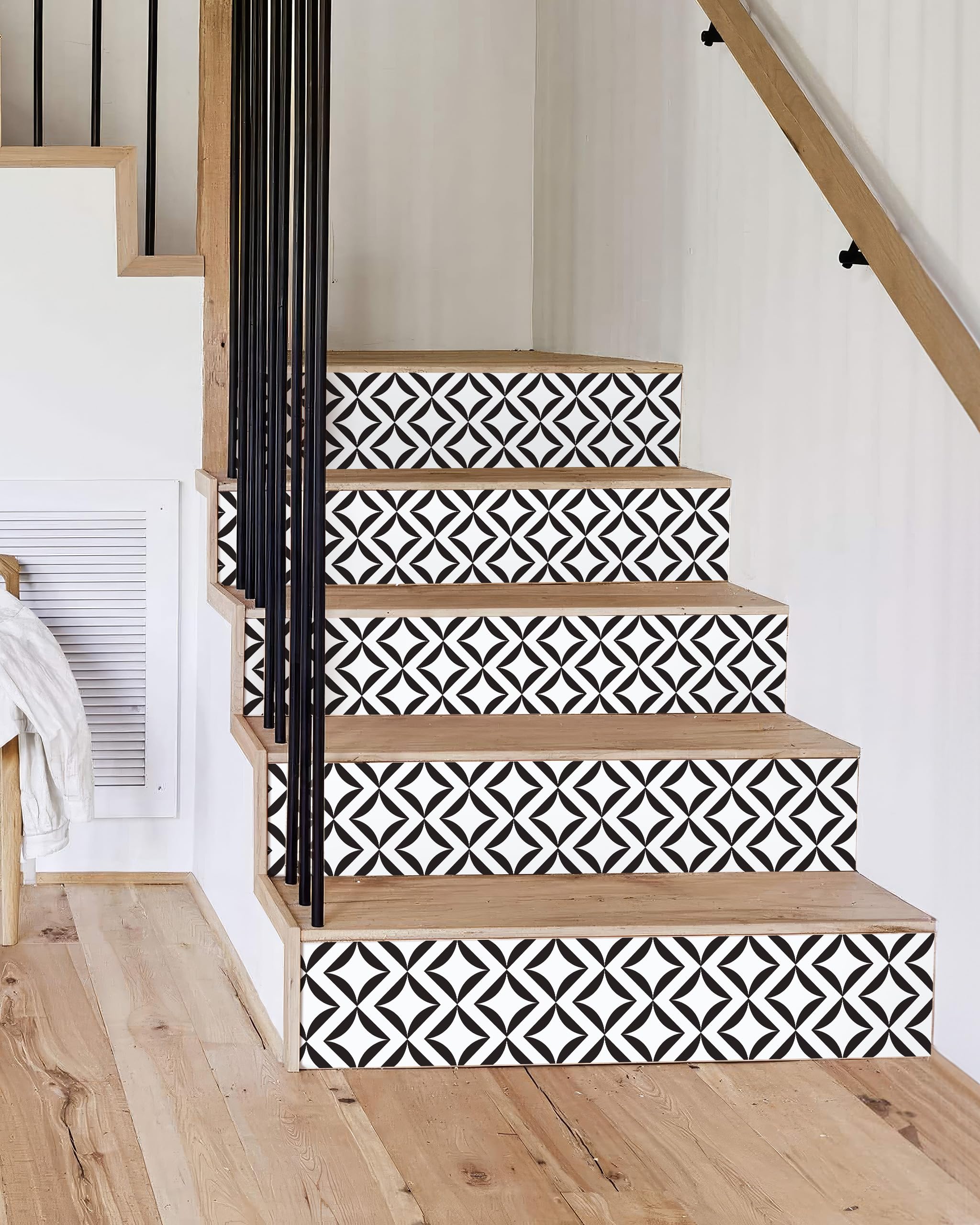 FLFK Geometric Pattern Peel and Stick Stair Riser Decals, Modern Minimalist Black and White,39.3 W x 7.08 H x 5Pcs