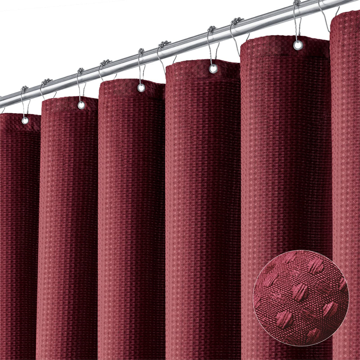 Dynamene Burgundy Fabric Shower Curtain - Waffle Weave Textured Heavy Duty Cloth Shower Curtains For Bathroom, 256Gsm Hotel Luxu