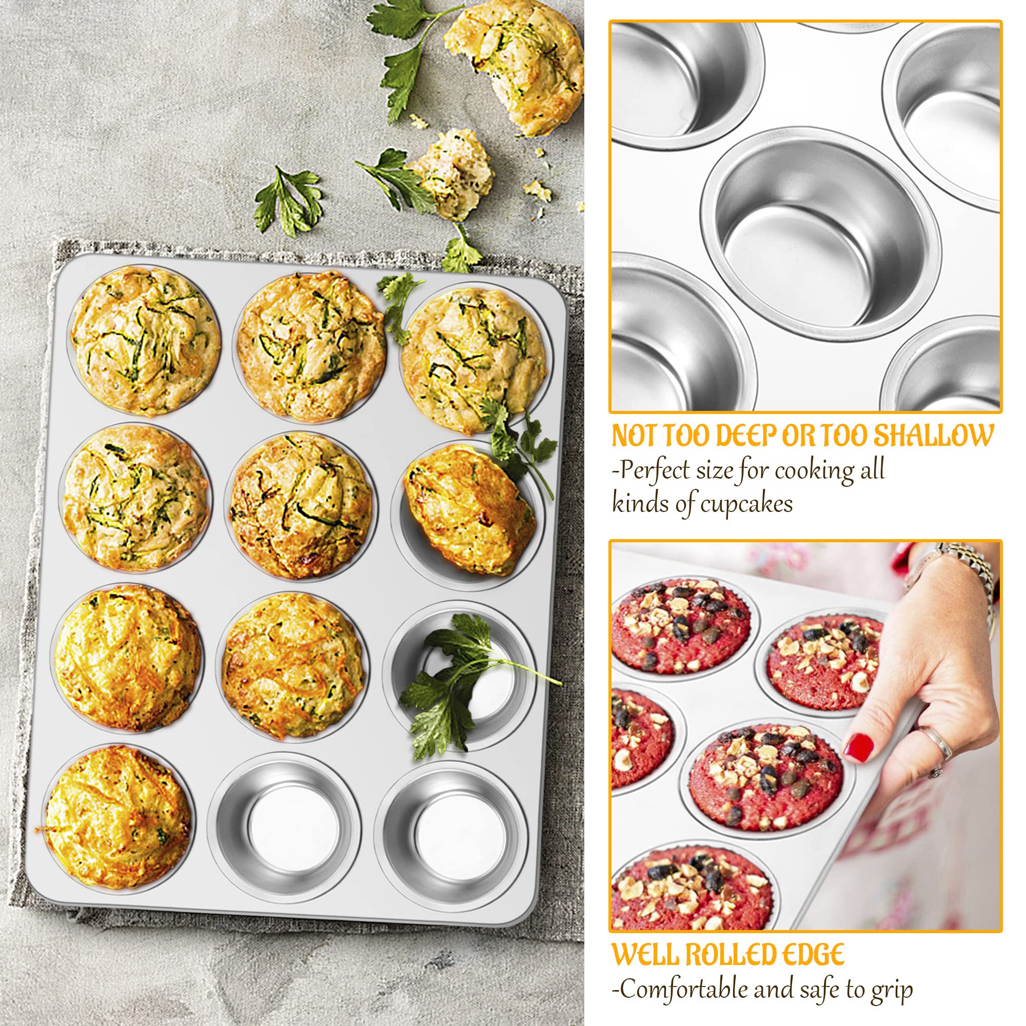 E-Far Muffin Pan 12-Cup, Set Of 2, Stainless Steel Cupcake Pan Metal Muffin Baking Tins For Oven, Regular Size & Easy Clean, Non