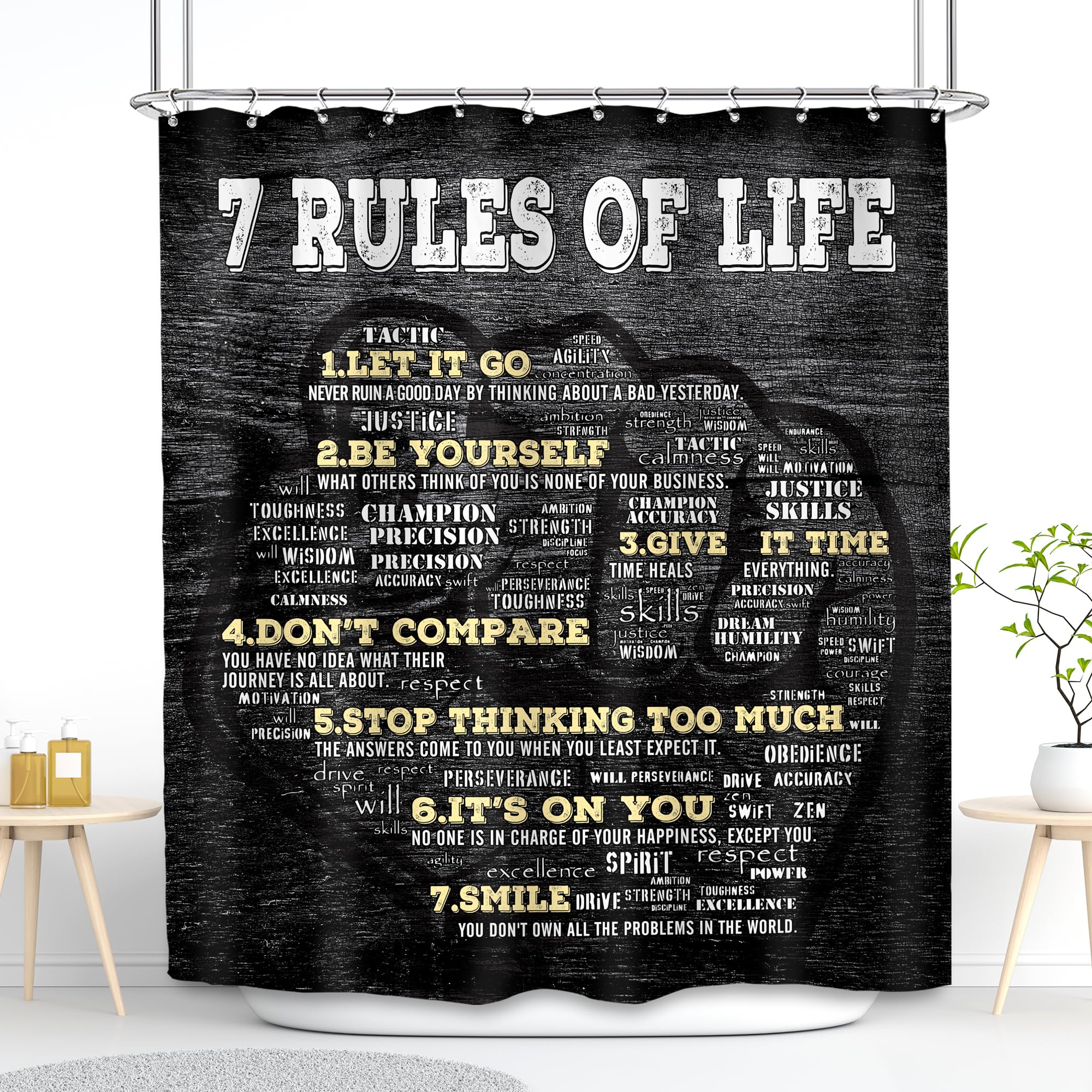 Svbright Mens Motivational Quotes Shower Curtain 60Wx72L Inch Black Inspirational Words Rules Of Life Cool Fist Boys Man 12 Pack