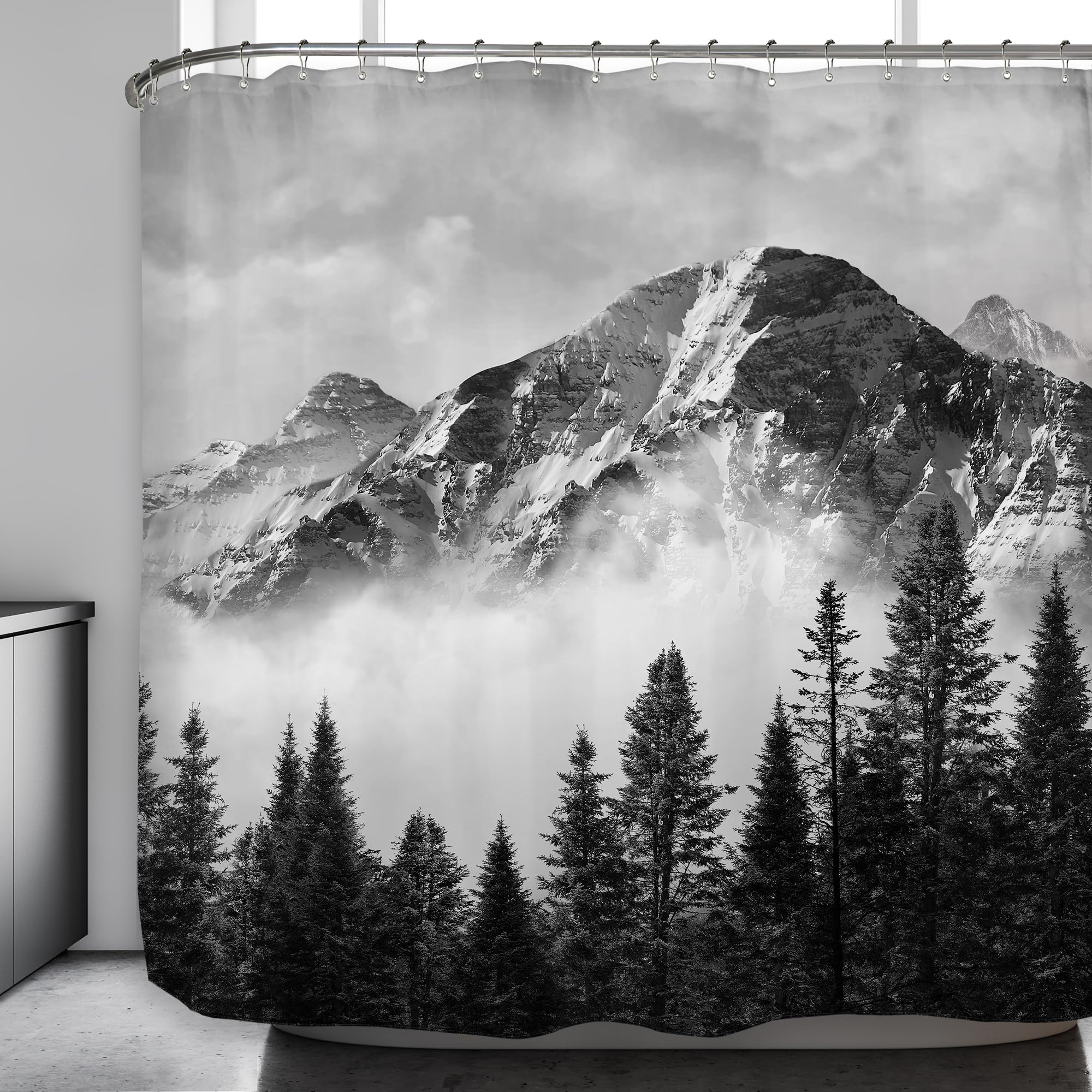 Riyidecor Extra Wide Misty Forest Mountain Clawfoot Tub Shower Curtain 108Wx72H Inch 19 Pack Foggy Tree Metal Hooks Foggy Smokey Scenery Home Decor Forest Tree Outdoor Photo Decor Fabric RY-WHRV