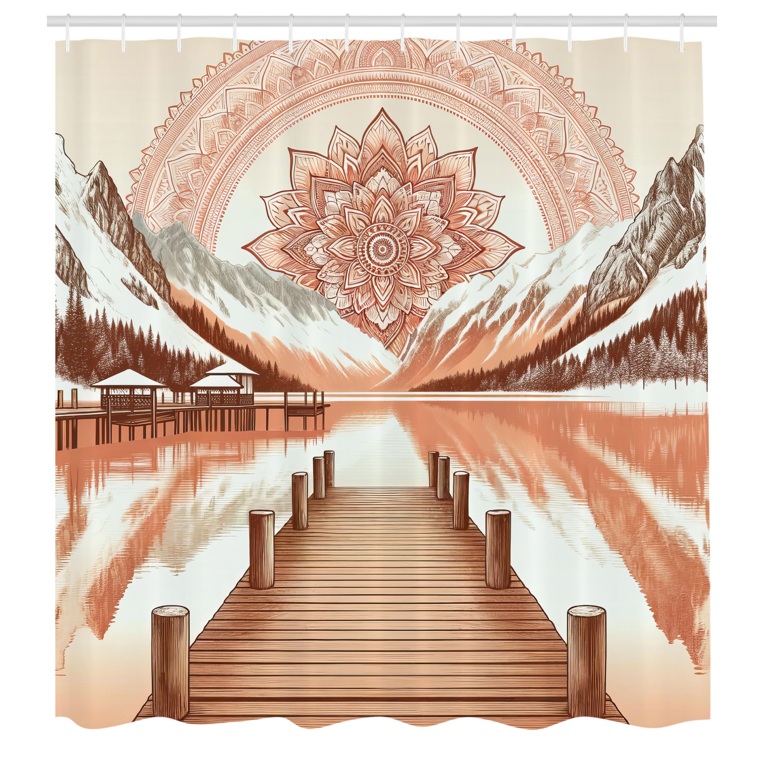 Ambesonne Lake Shower Curtain, Mountains Wooden Pier And Eastern Cultural Mandala In Peachy Colors, Cloth Fabric Bathroom Decor