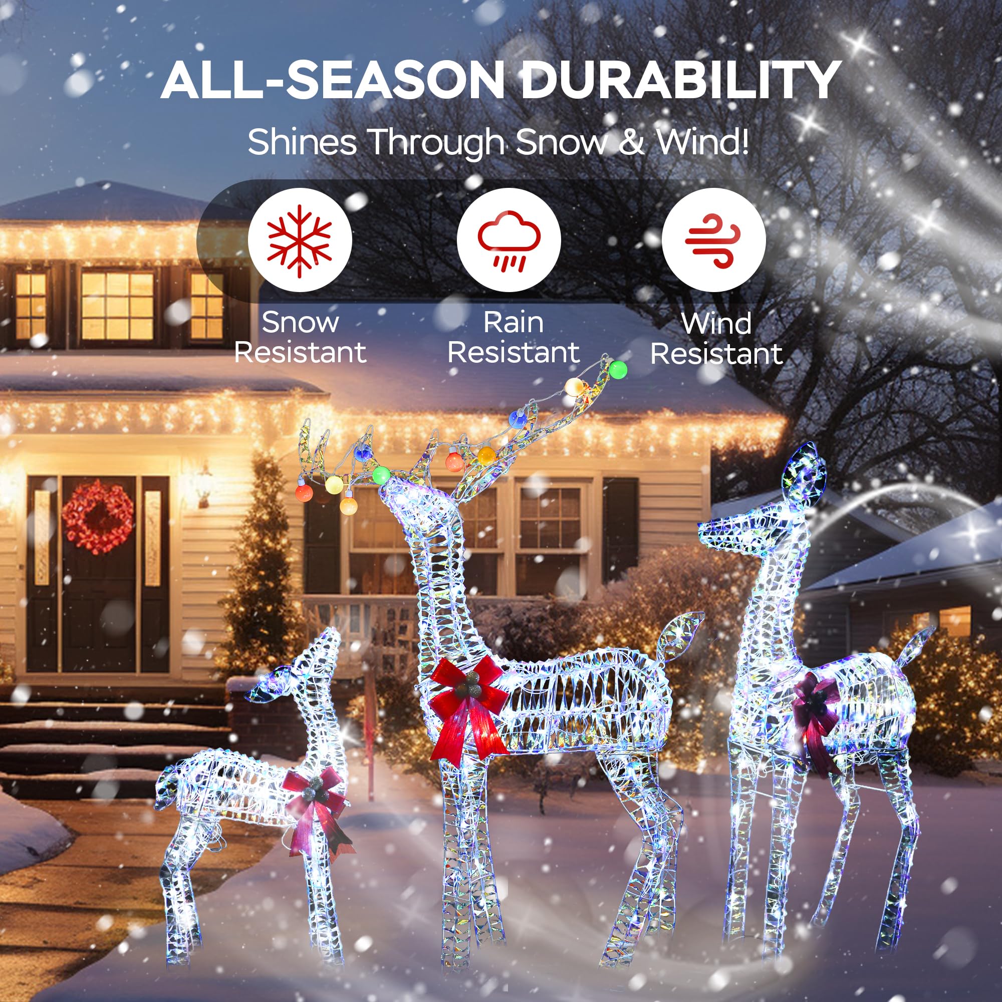 VELTENOVAIRE Outdoor Lighted Reindeer Family Christmas Decor, 52  H Iridescent Deer 3D Holiday Yard Decorations with 200 White L