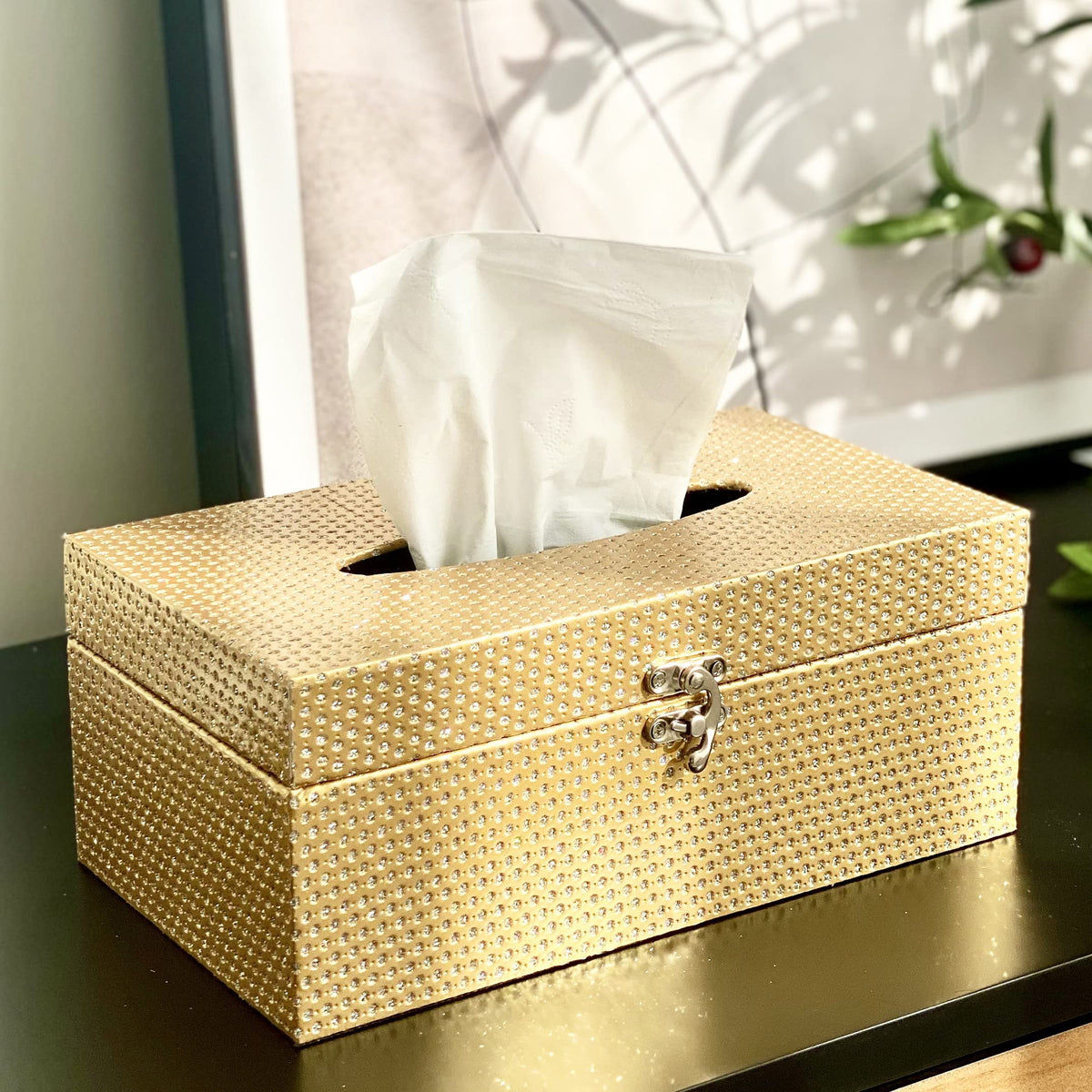 Mode Home Gold Tissue Box Cover Rectangular, Decorative Tissue Box Holder With Lock For Bedroom, Living Room, Bathroom, Dryer Sh