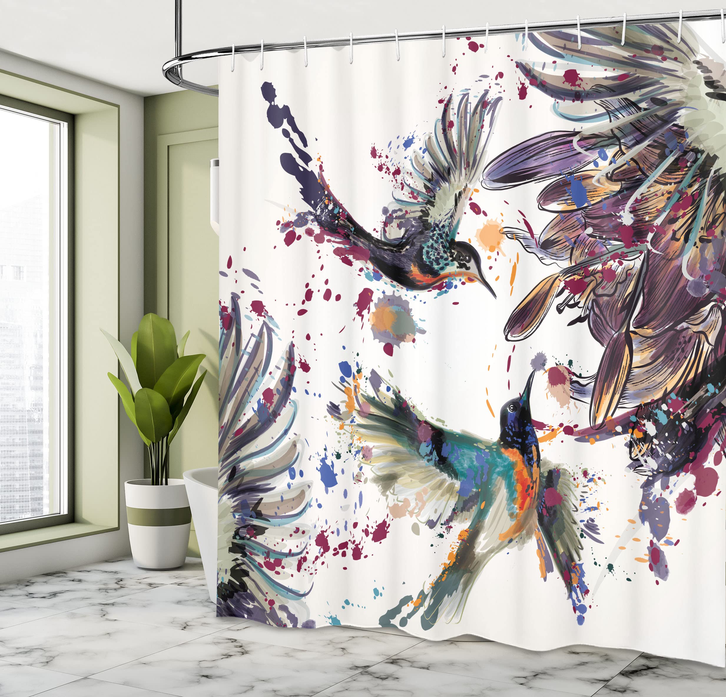 Ambesonne Hummingbird Shower Curtain, Art With Lily Flowers Birds And Color Splashes In Watercolor Painting Style, Cloth Fabric