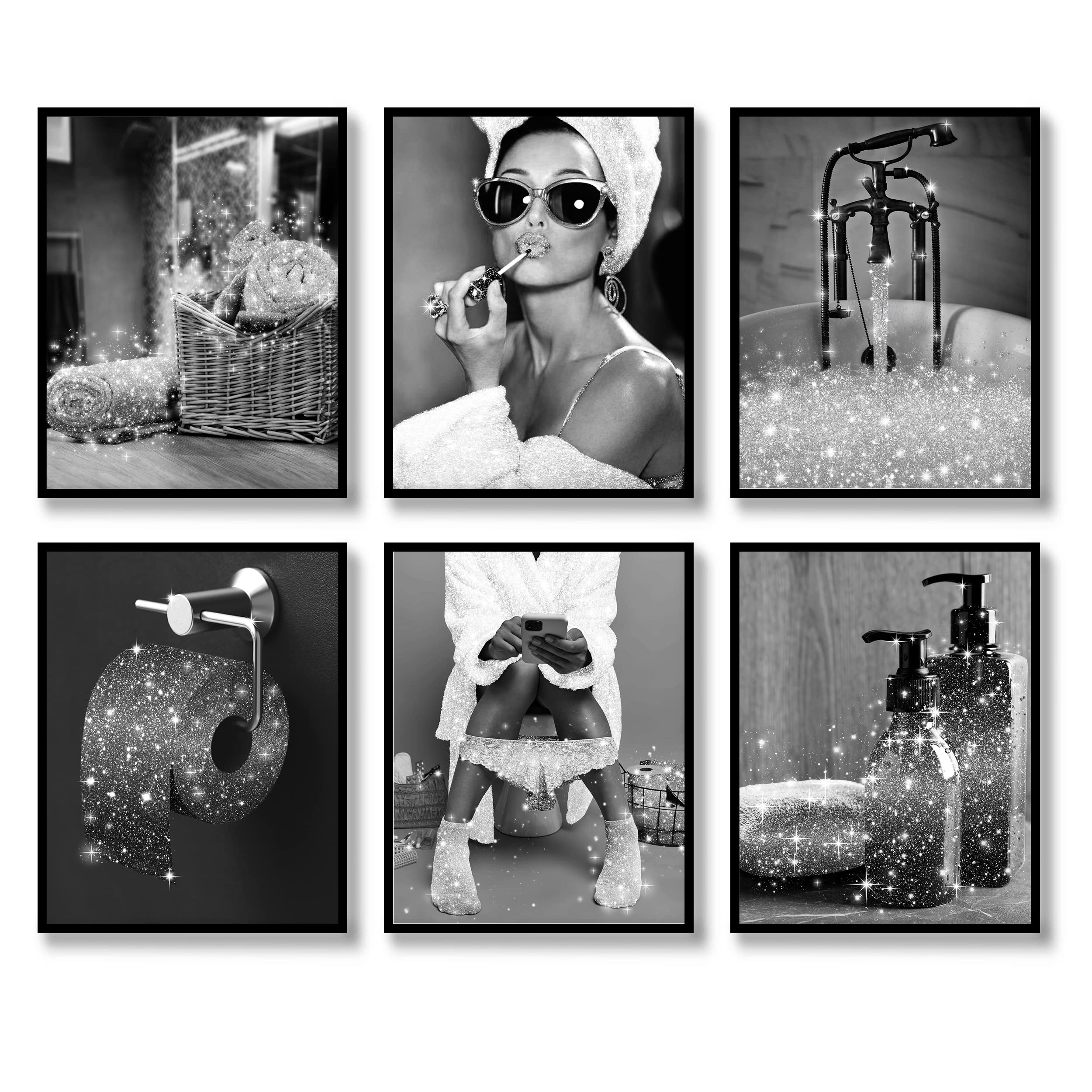Luodroduo Fashion Wall Art Bathroom Wall Decor Prints Set Of 6 Black And White Glam Glitter Canvas Posters Pictures Photos Artwo