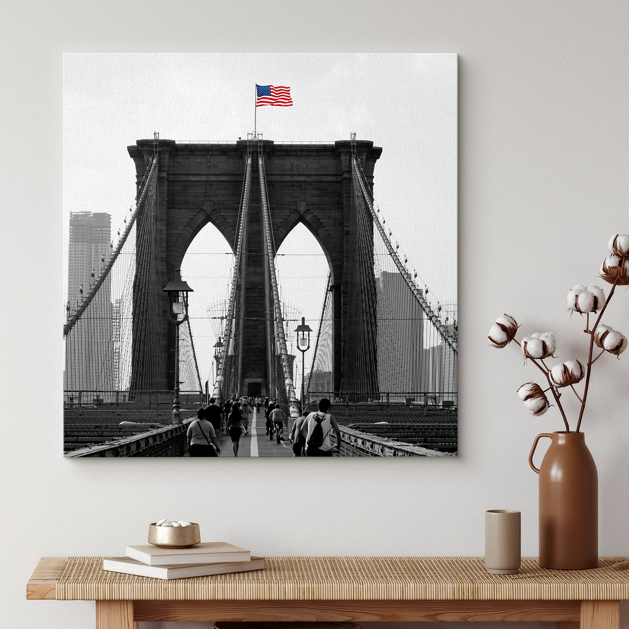 Wall26 Canvas Print Wall Art Pop Of Color Brooklyn Bridge & Flag Architecture & Maps Cities Photography Realism Chic Scenic Rela