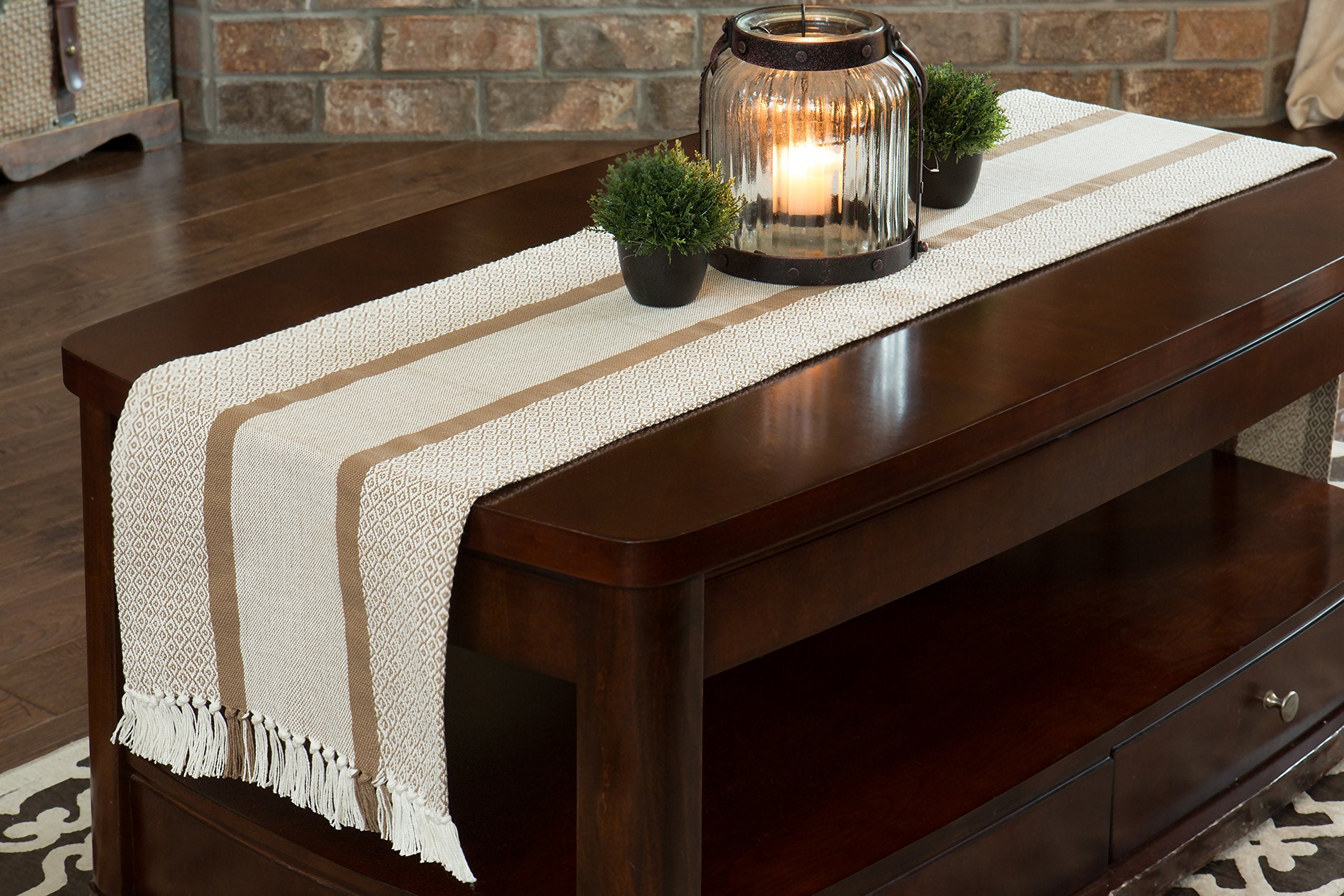Thanksgiving Table Runner Cotton Farmhouse Boho 14 in x 72 in  Table D?cor for Kitchen or Dining  Tan Cloth Woven Striped Table Runners  Oeko-Tex Cotton