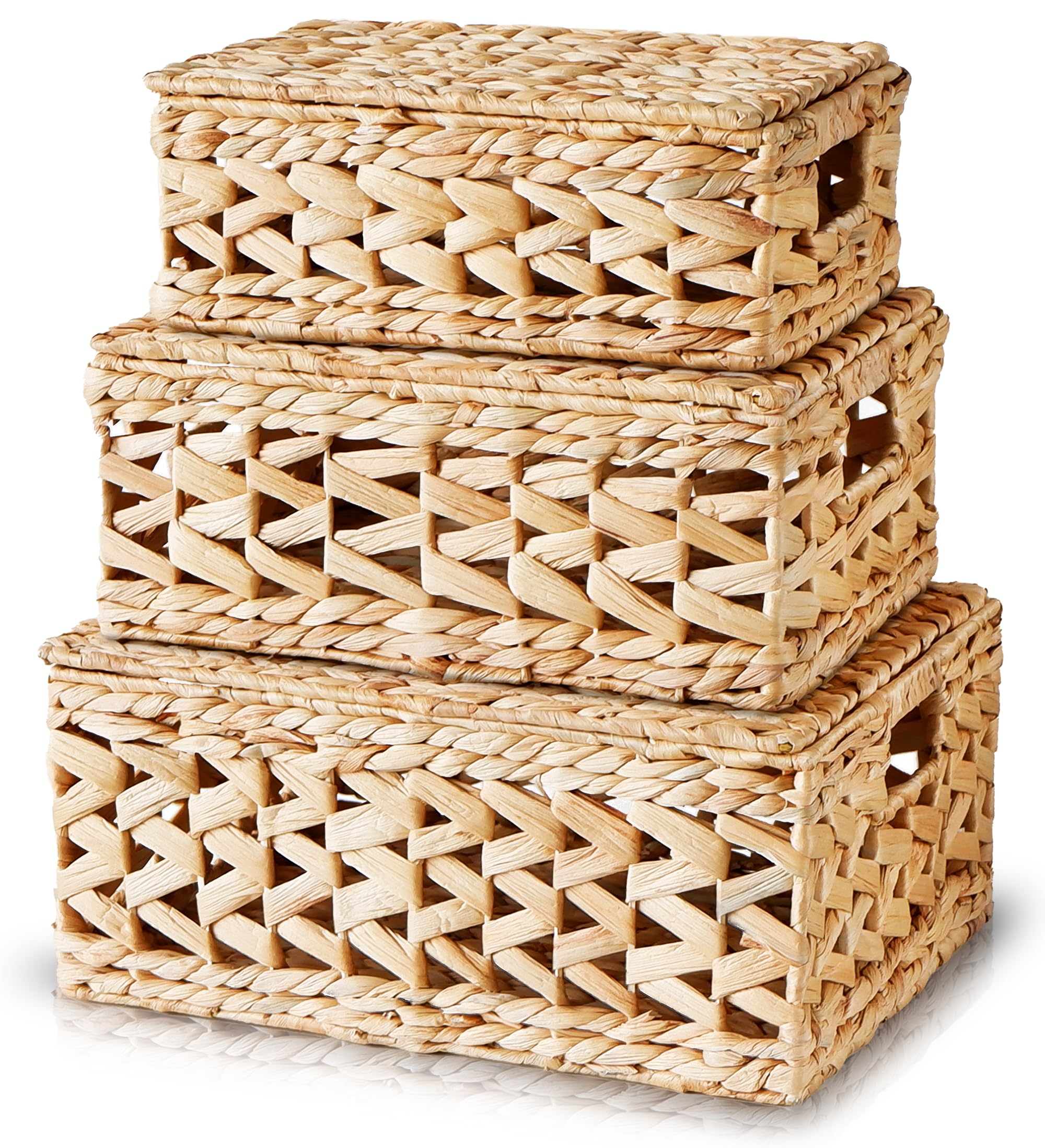 Chi An Home 14 Inch Wicker Storage Baskets With Lids, Set Of 3 Rattan Lidded Hyacinth Baskets For Organizing, Woven Large Rectan