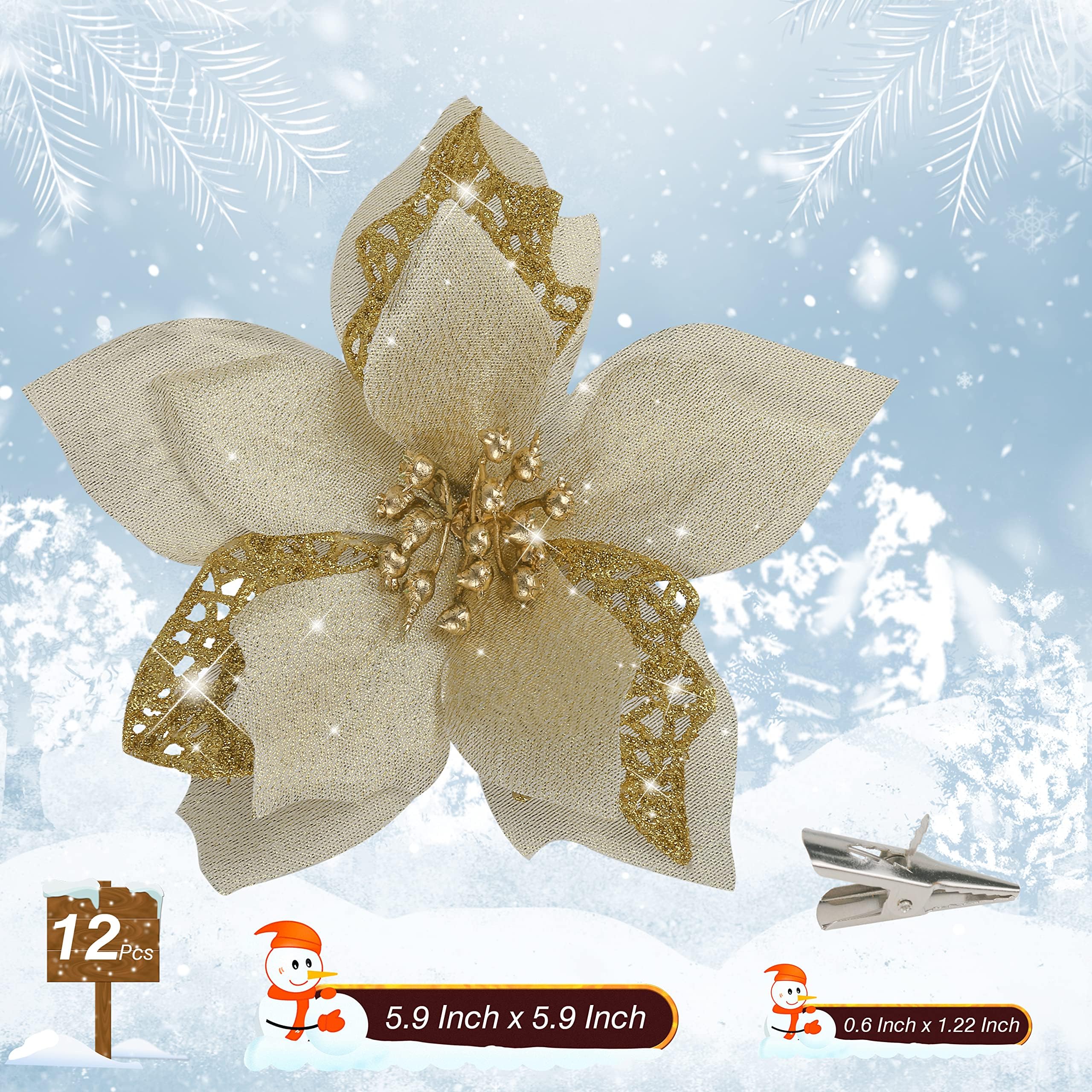 Childom 12 PCS Poinsettia Flower Artificial Poinsettia Christmas Decoration 5.9'' Gold Glitter Poinsettias Christmas Ornaments X