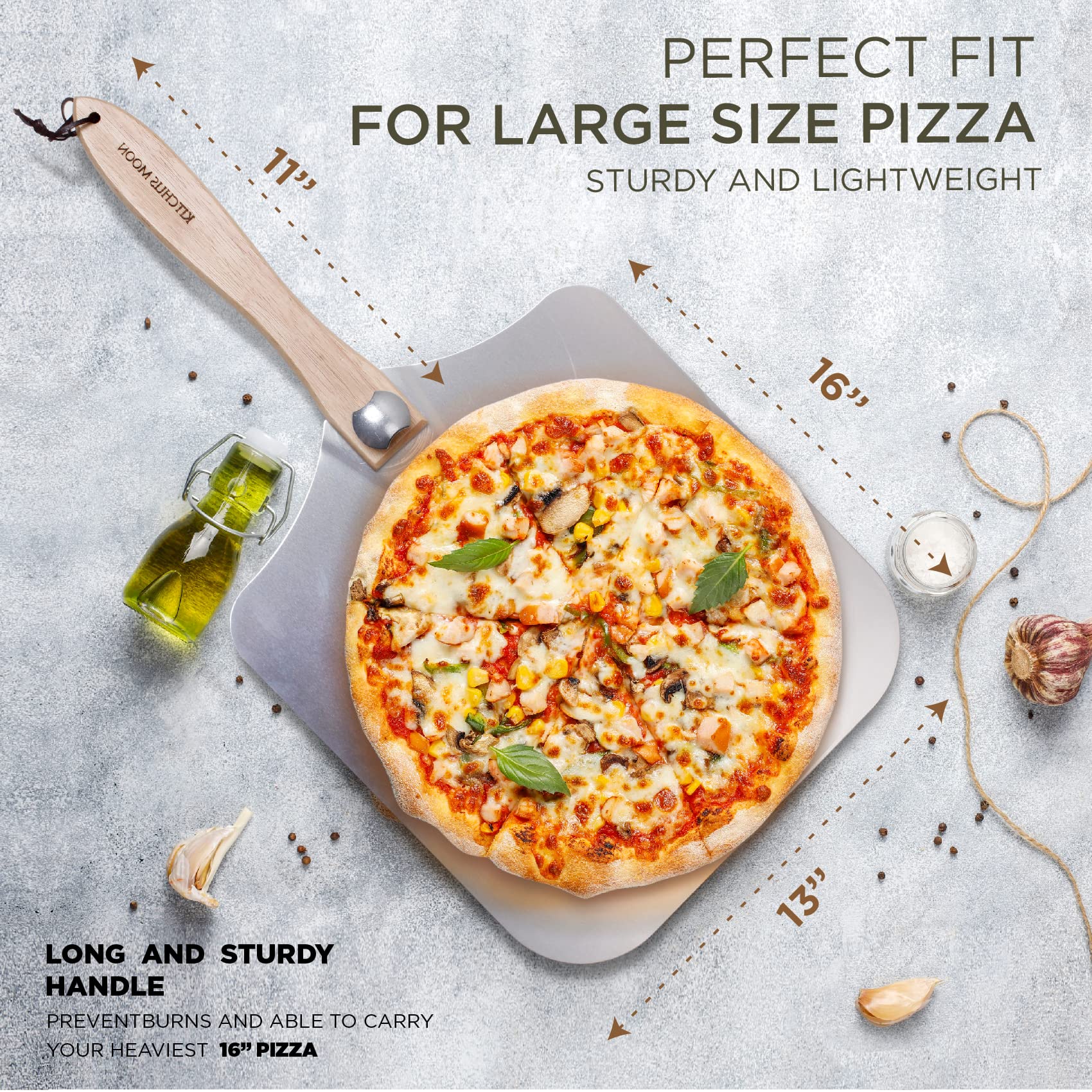 Kitchus Moon Large Pizza Peel 16 Inch - Extra Large Metal Pizza Peel With 14 Inch Stainless Steel Pizza Cutter Rocker, Pizza Pad