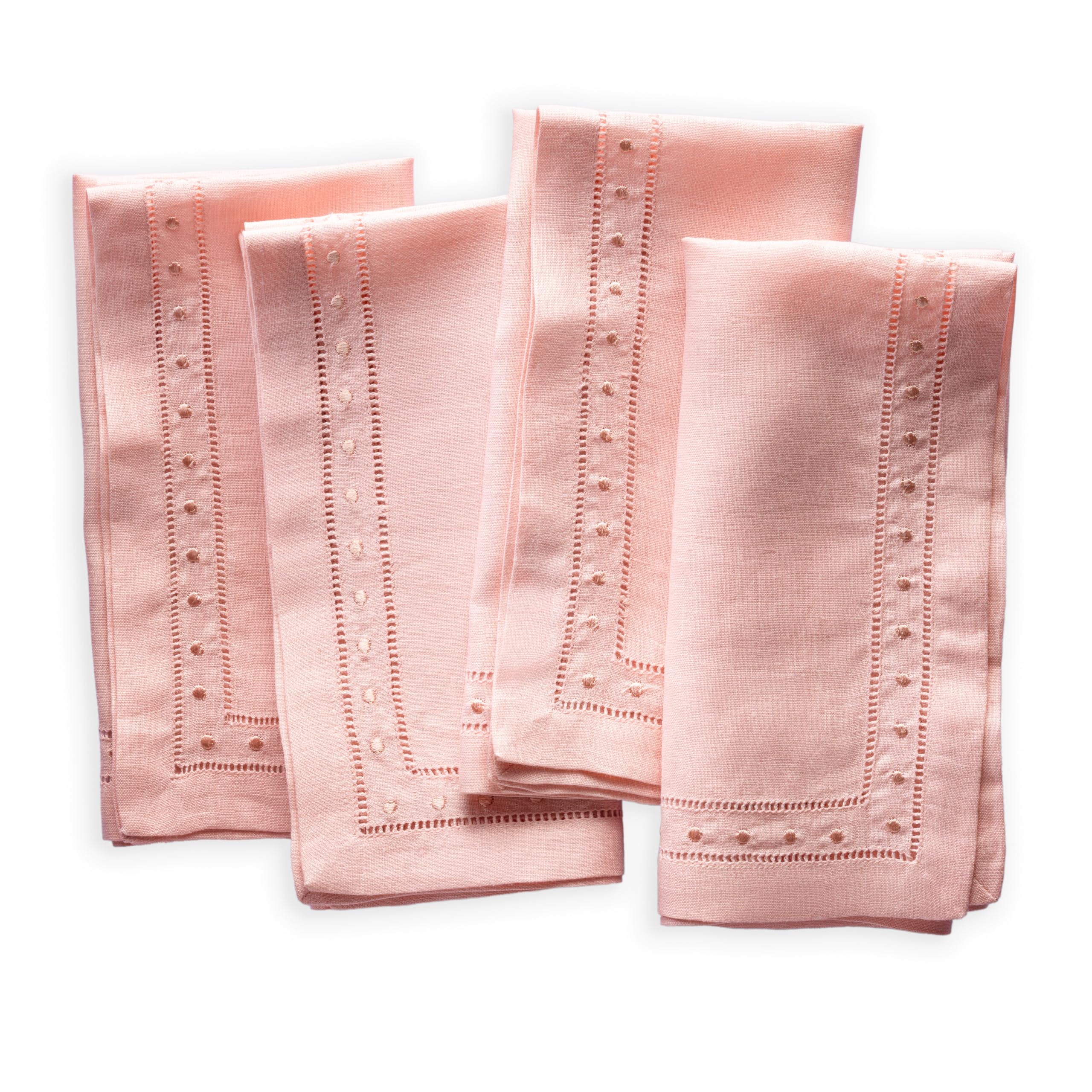 Linen Napkins Set Of 4-100% Flax Linen Blush Pink Dinner Napkins With Embroidered Dot 18 X 18 Inch - Hemstitch Cloth Napkins Was