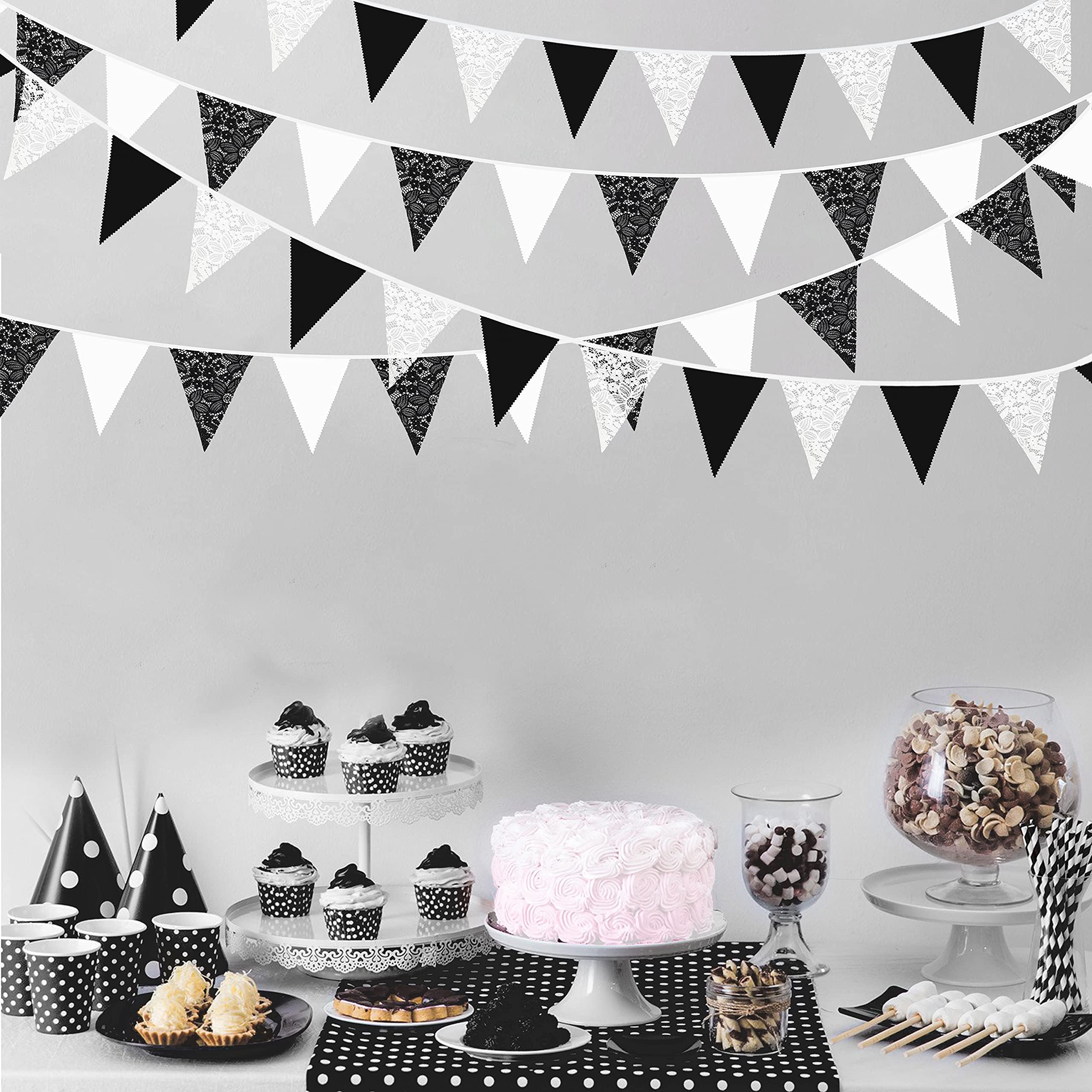 10M/32Ft Black White Pennant Banner Fabric Lace Triangle Flag Cotton Bunting Garland For Wedding Birthday Anniversary Party Home