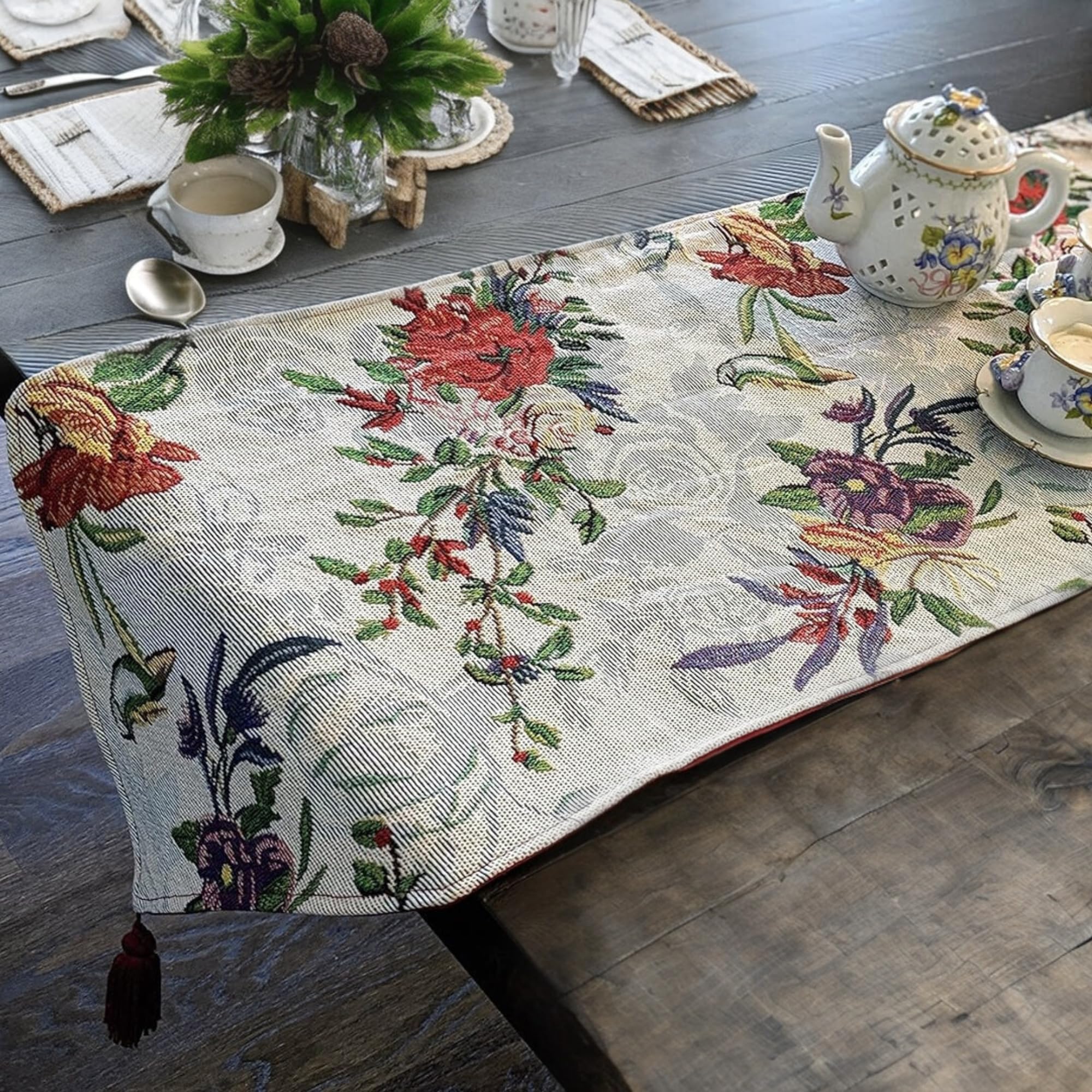 Dada Bedding Elegant Floral Blue Roses Tapestry Table Runner - Tropical Paradise Exotic Botanical Flowers Birds Nature Garden Be
