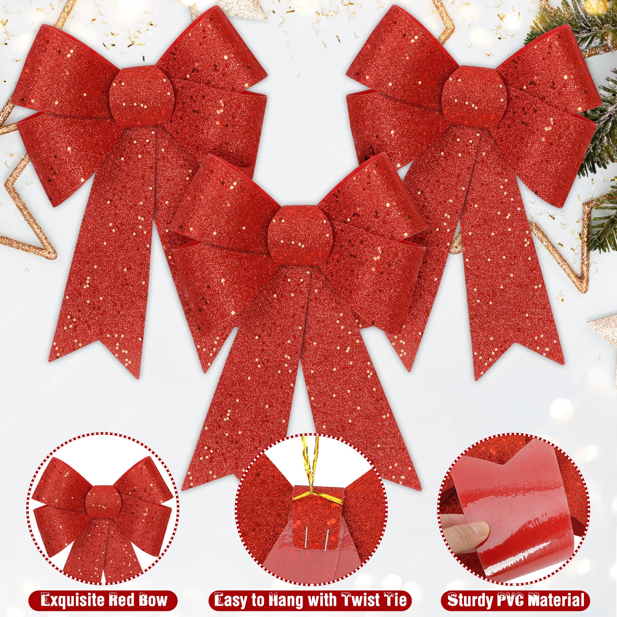 6 PCS Christmas Bows, 9 x 12 in Large Christmas Tree Bows, PVC Glitter Red Decor Xmas Decorations Indoor Outdoor Red Bows for Wr