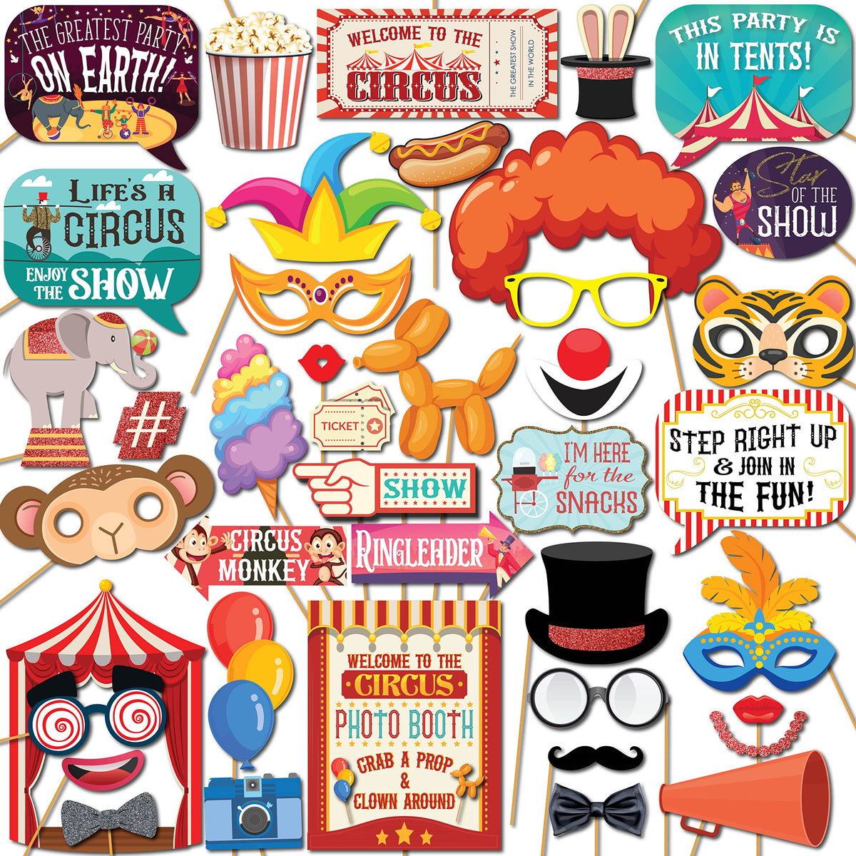 Carnival Photo Booth Props - 41-Pc Photobooth Kit With 8 X 10-Inch Sign, 60 Adhesive Pads, 45 Sticks - Circus Theme Party Decora
