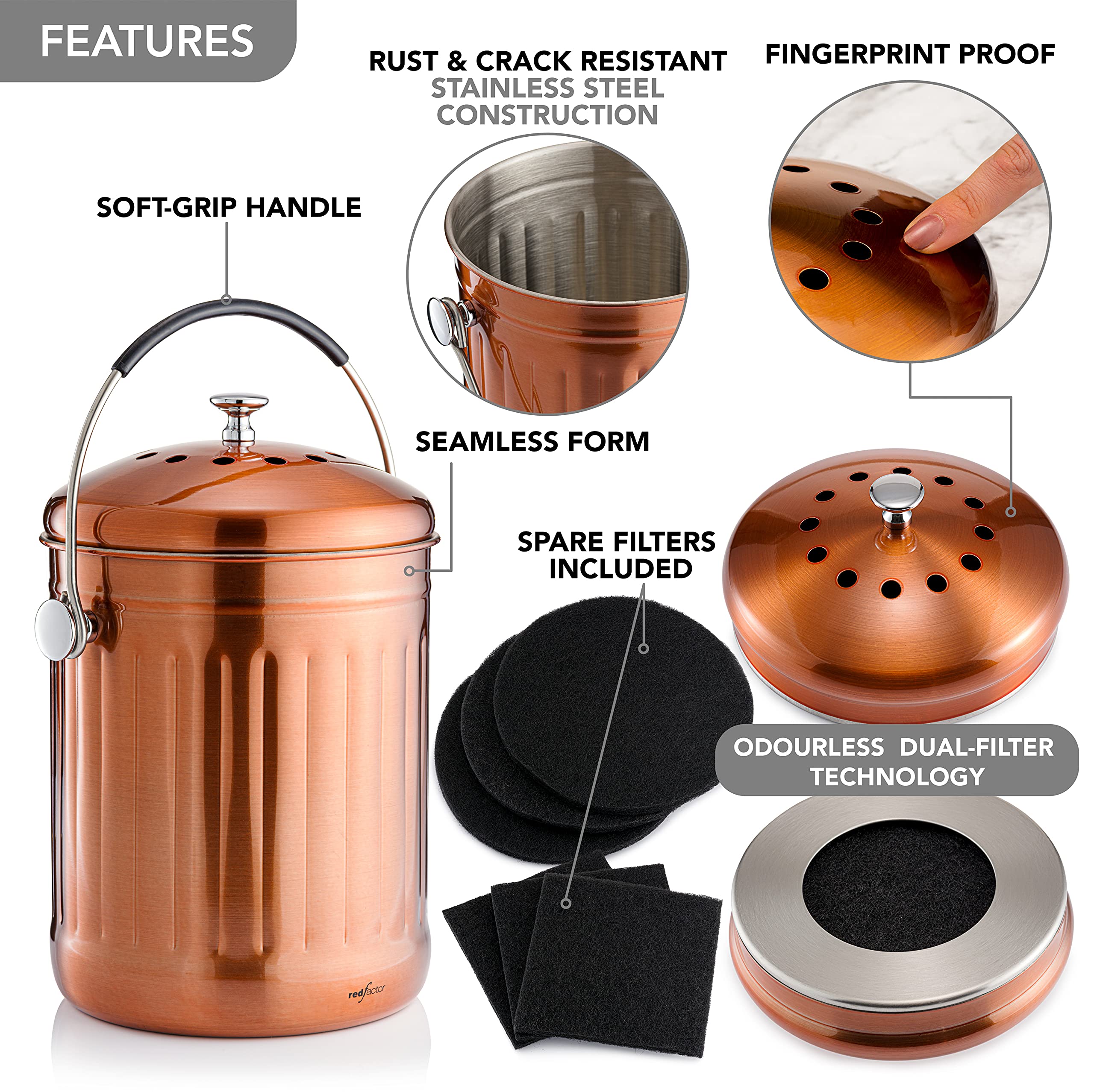 RED FACTOR Premium Compost Bin for Kitchen Countertop - Stainless Steel Food Waste Bucket with Innovative Dual Filter Technology - Includes Spare Filters (Matt Copper  1.3 Gallon)
