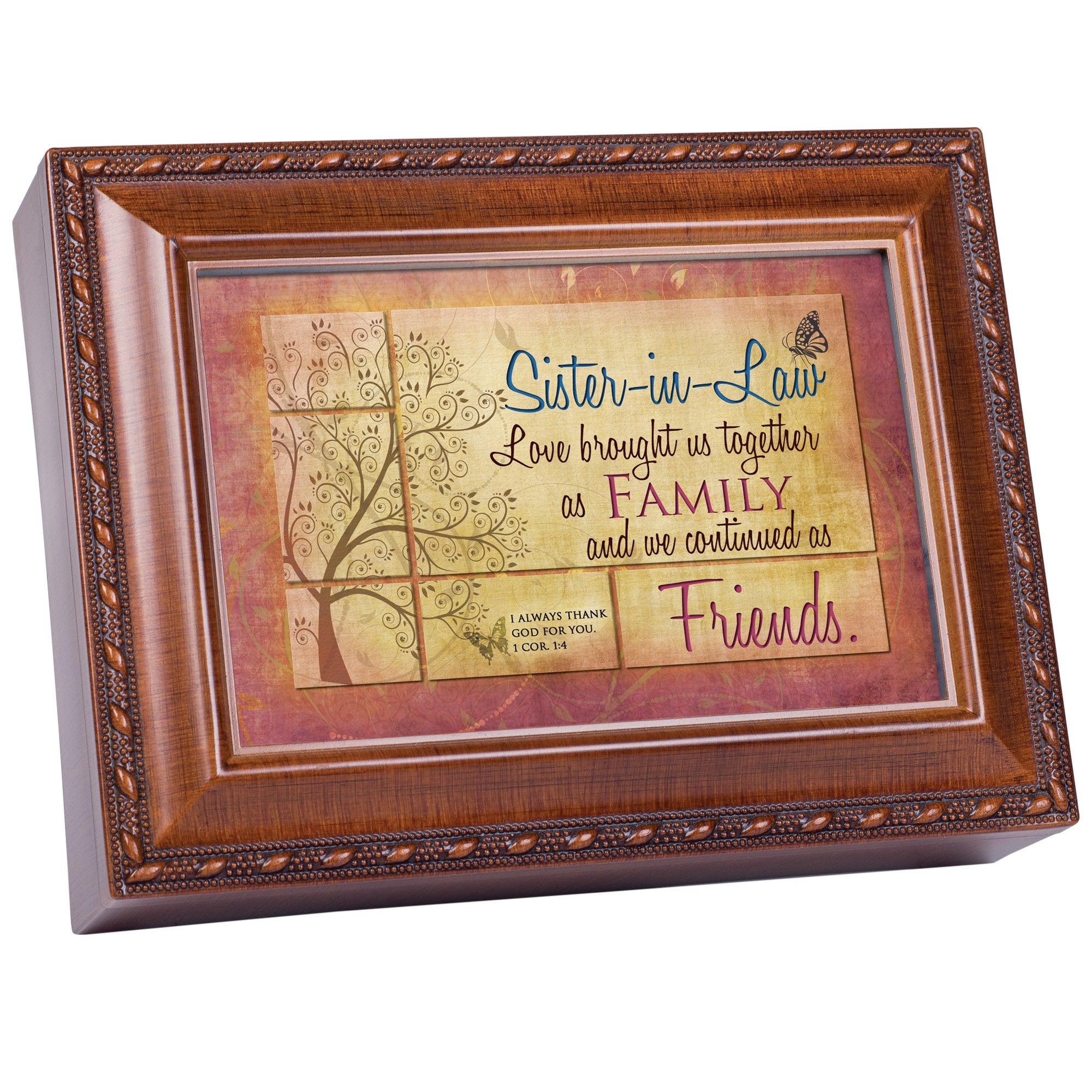 Cottage Garden Sister-in-Law Love Brought Together Woodgrain Rope Trim Jewelry Music Box Plays Friend in Jesus