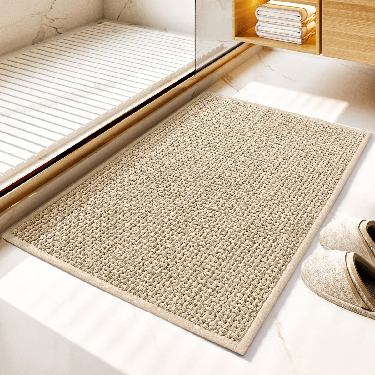 Granny Says Beige Bathroom Rugs Non Slip Washable, Absorbent Bath Mats For Bathroom, 32'' X 20'', Thin Chenille Bathroom Rug, Qu