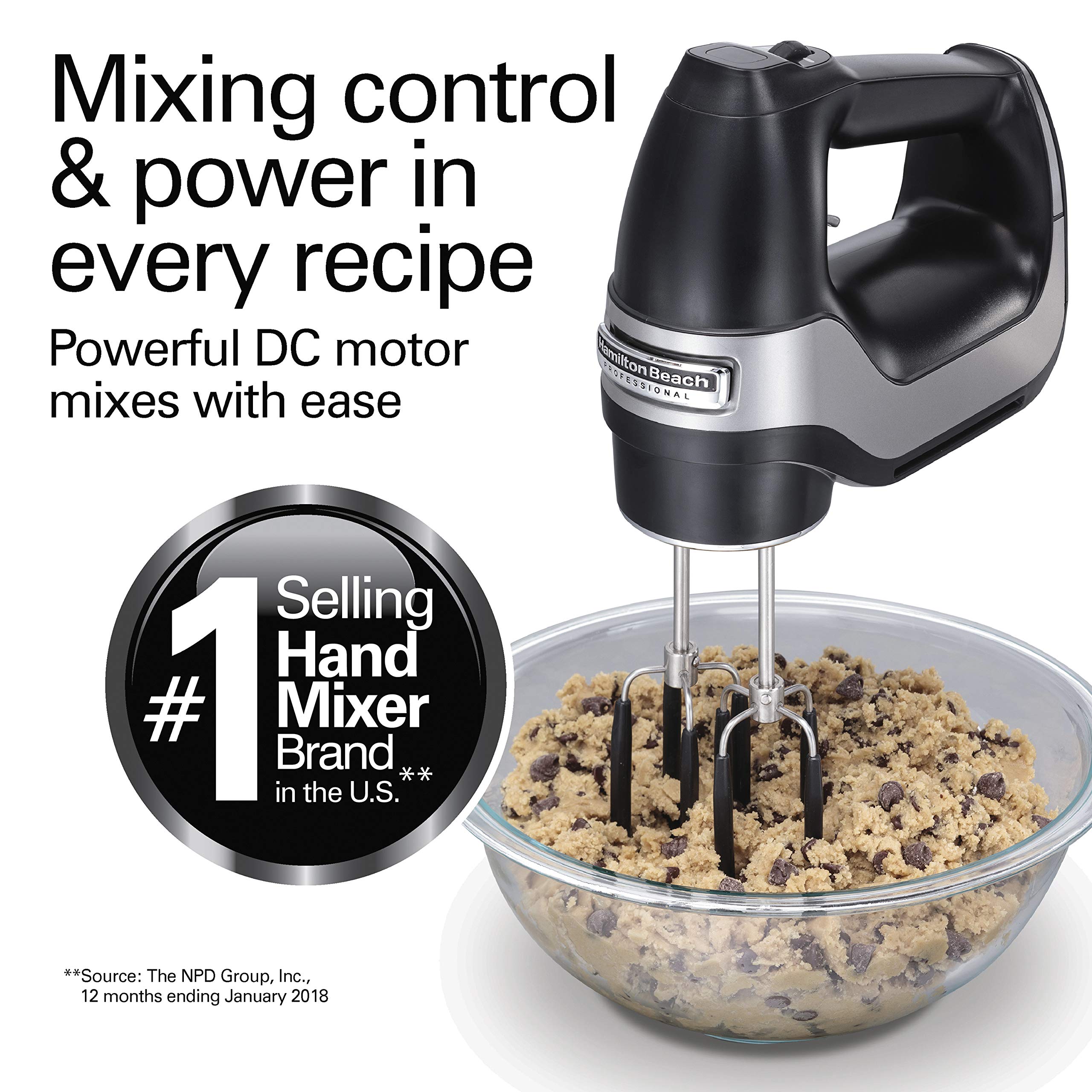 Hamilton Beach Professional 7-Speed Digital Electric Hand Mixer with High-Performance DC Motor  Slow Start  Snap-On Storage Case  SoftScrape Beaters  Whisk  Dough Hooks  Matte Black (62655)