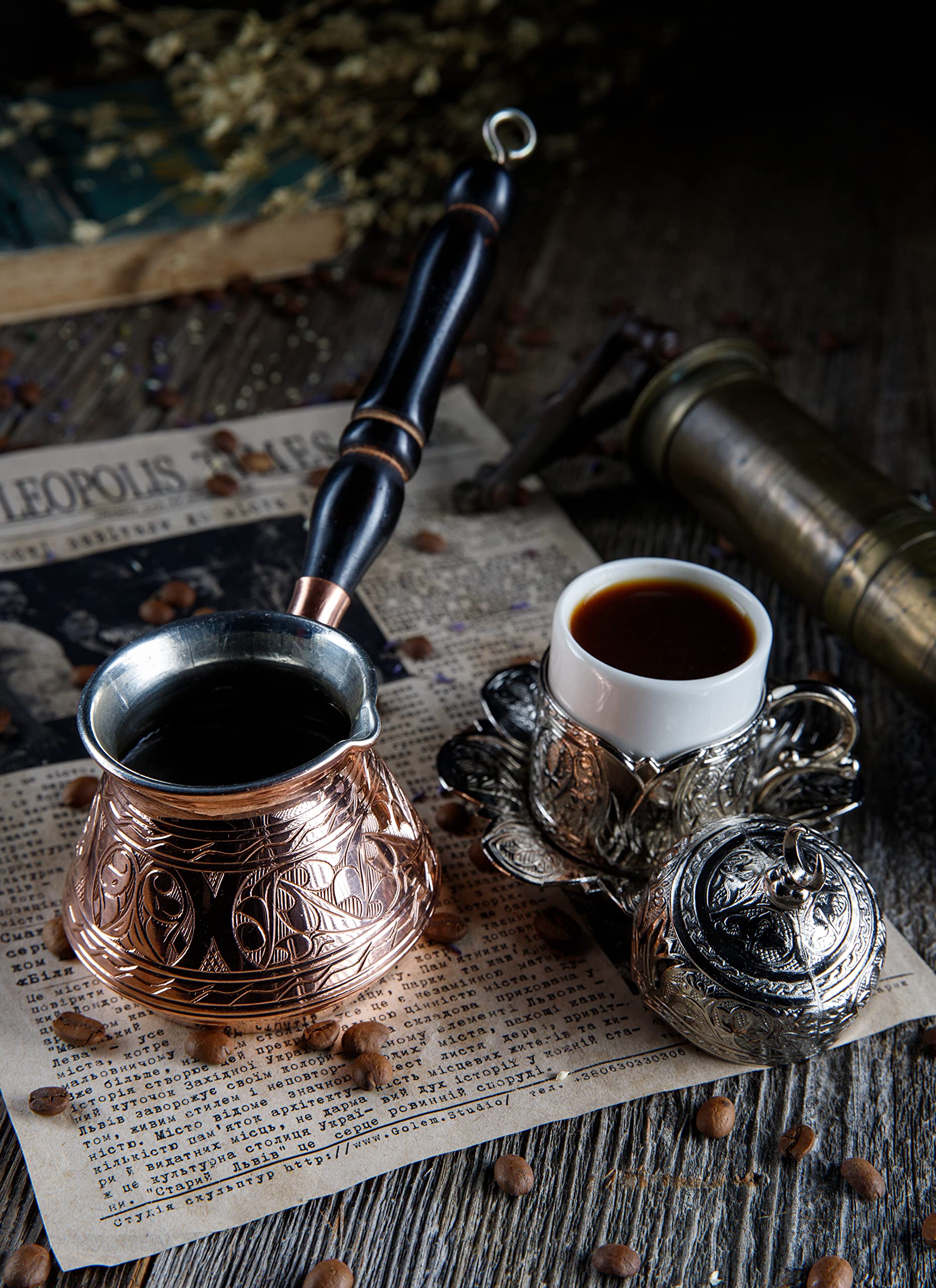 Demmex Thickest Copper Turkish Greek Arabic Coffee Pot, Stovetop Coffee Maker, Cezve Ibrik Briki With Wooden Handle & Wooden Spo