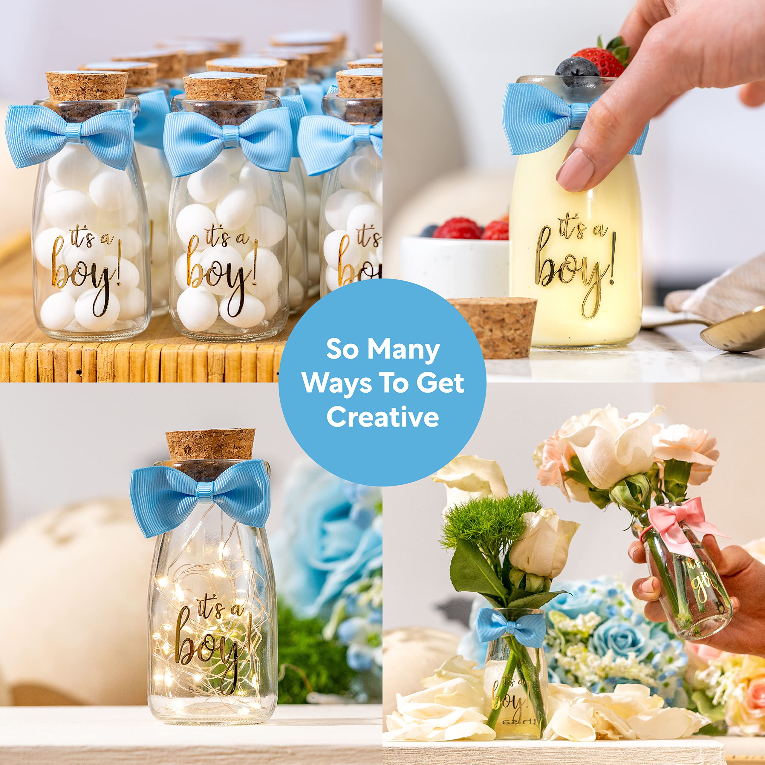 Ethisa 96 Pack It'S A Boy Milk Glass Bottles With Ribbons And Stickers - Vintage Baby Shower Favors For Guests And Table Centerp