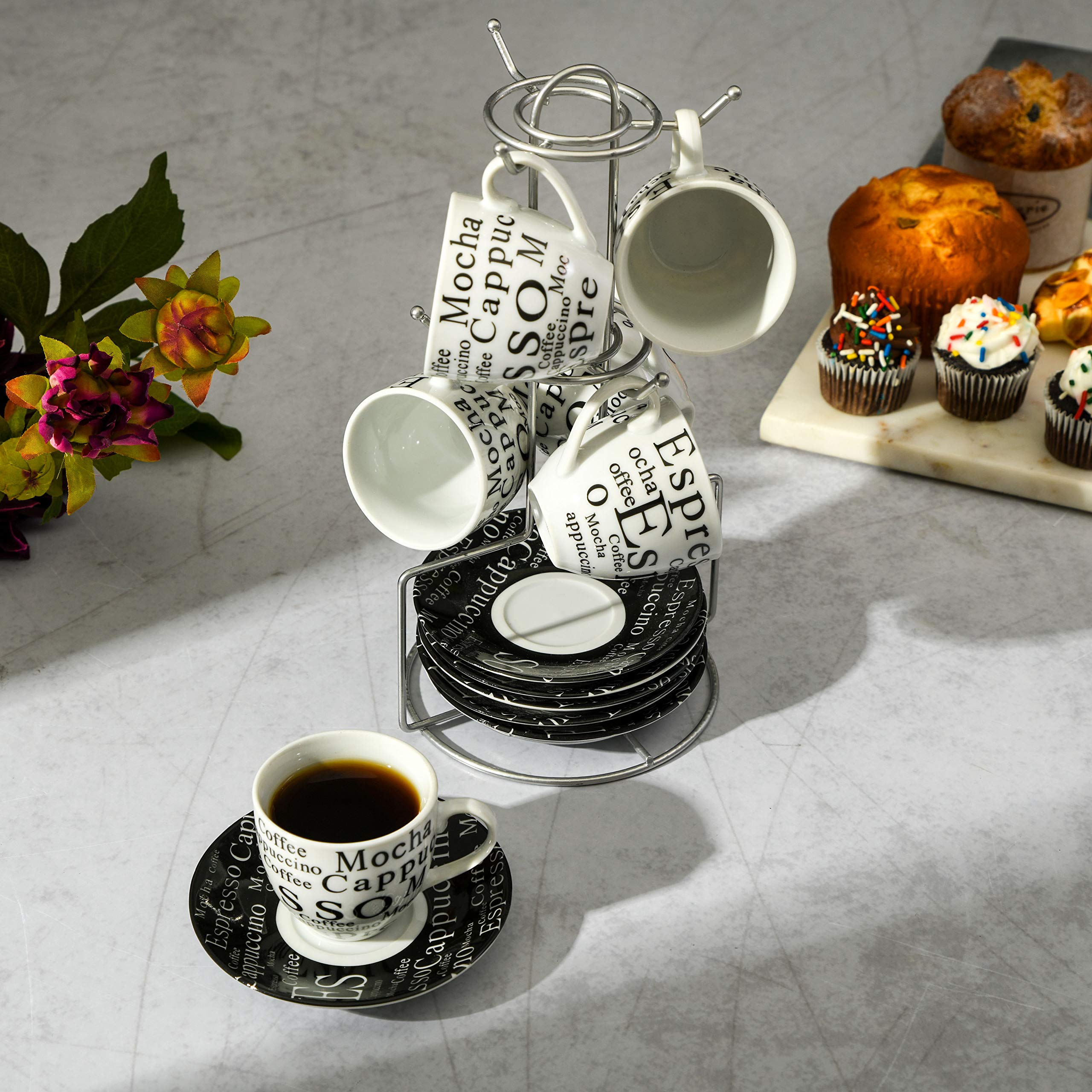 Gibson Home Expressions Espresso Porcelain Saucer Set, 13Pc Cups Stand, White/Black