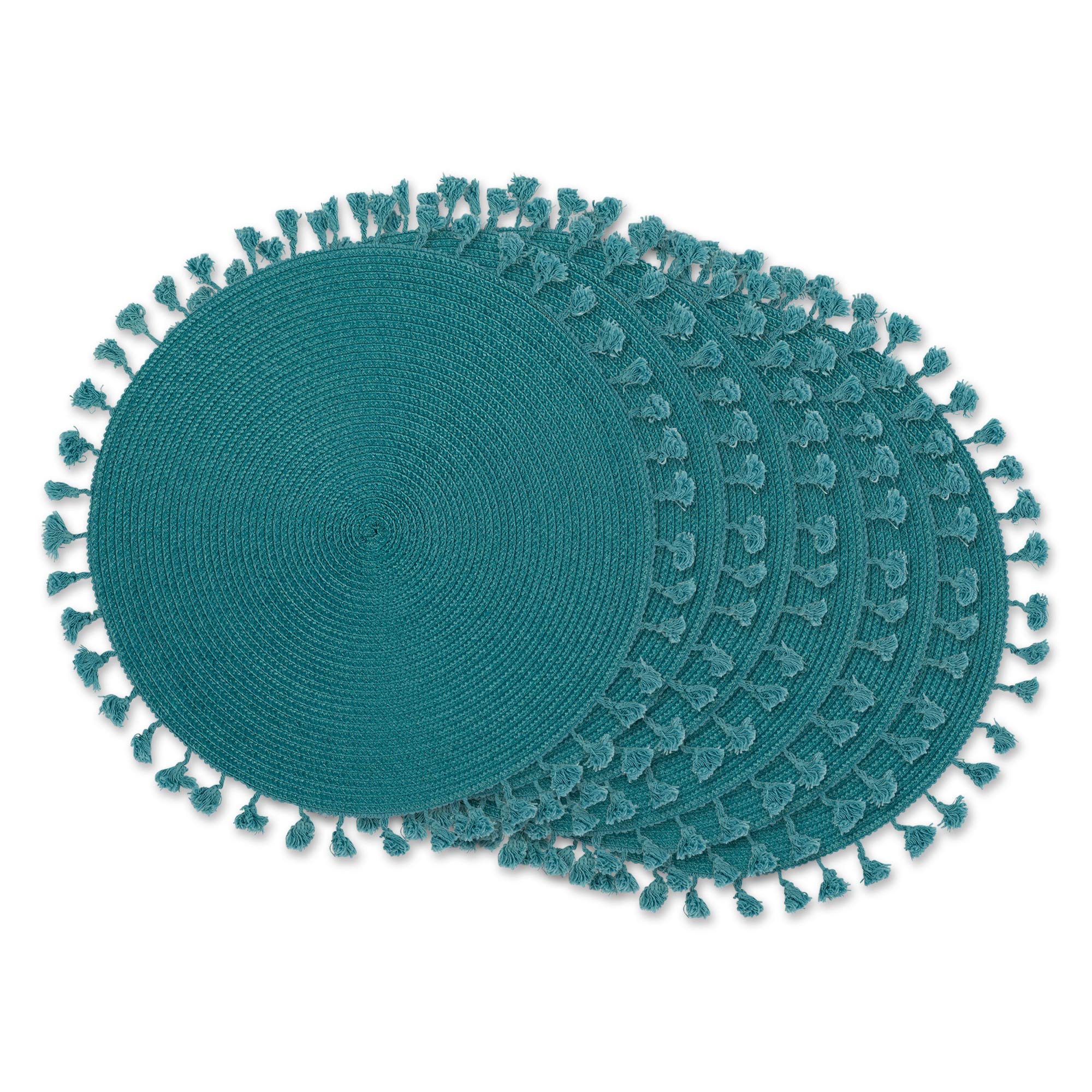 DII Woven Placemat Collection Round, 14.75 Diameter, Teal Tassel, 6 Piece