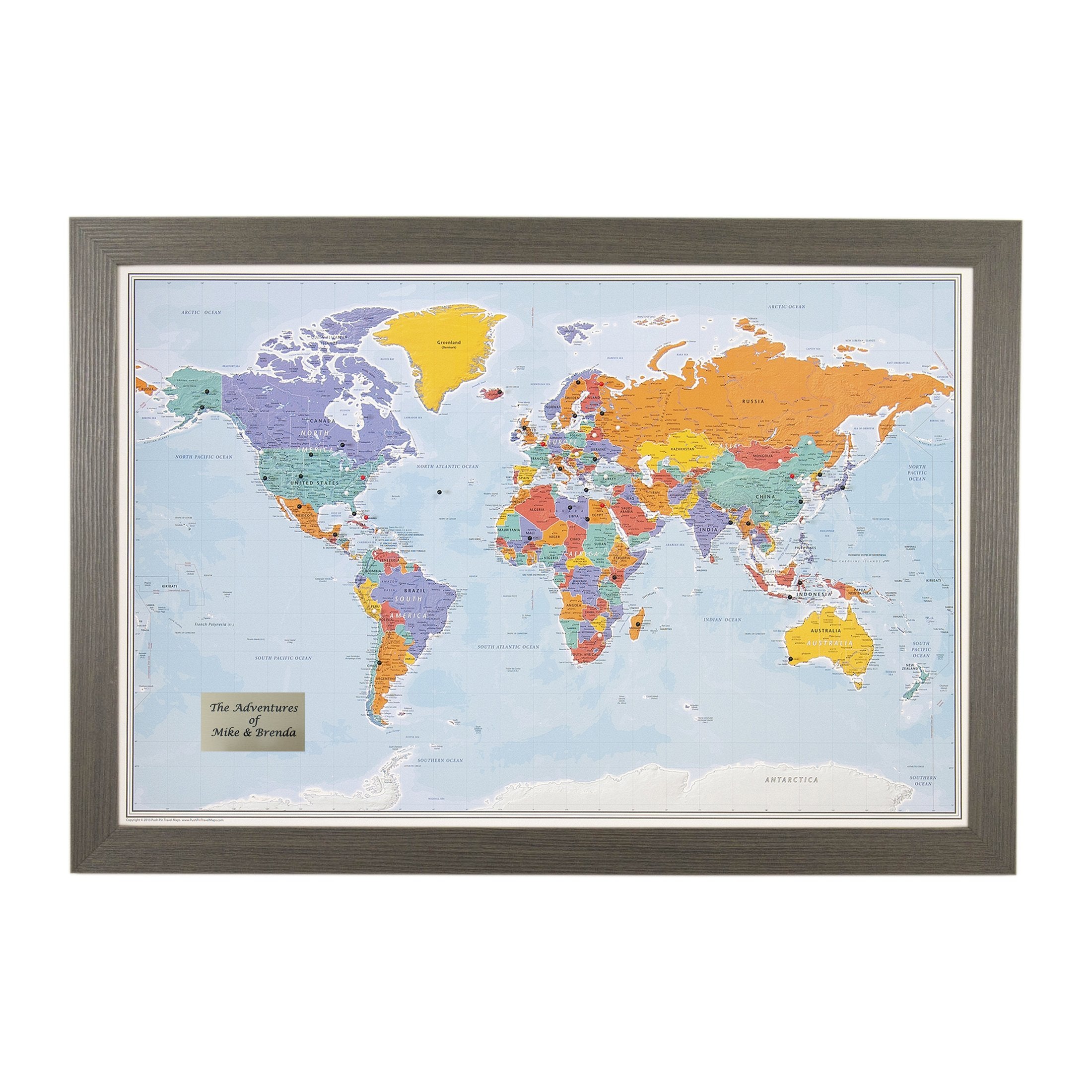 Push Pin Travel Maps - Customizable Blue Oceans World Push Pin Travel Map With Barnwood Gray Frame- 27.5'' X 39.5'' - 8 Handcraf