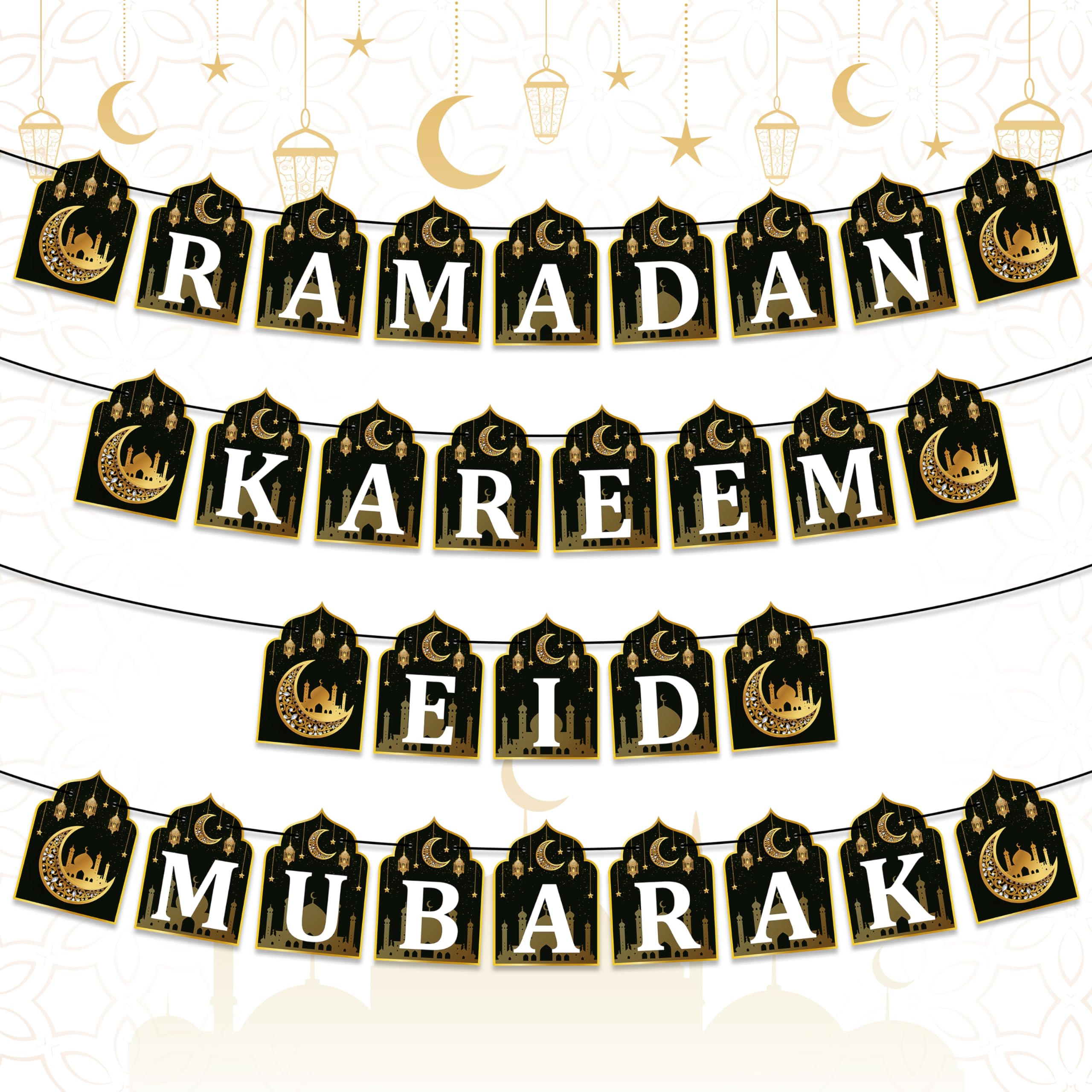 Watinc 4Pcs Ramadan Kareem Banner Eid Mubarak Decoration, Ramadan Hanging Banners Decor, No Diy Needed Eid Mubarak Al-Fitr Iftar