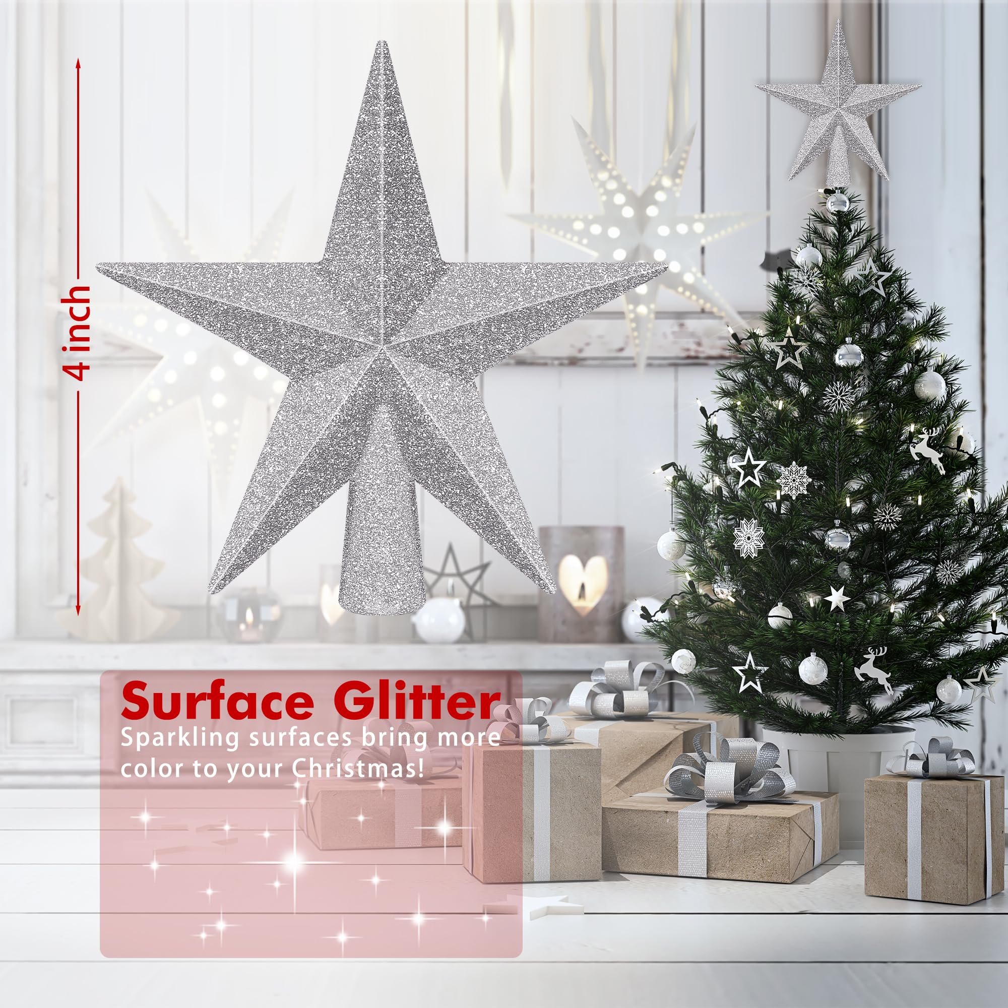1PCS Tree Topper, 4 Star Christmas Tree Topper Glitter Sliver, Mini Bethlehem Star Xmas Shatterproof Tree Topper Decorations, Wa
