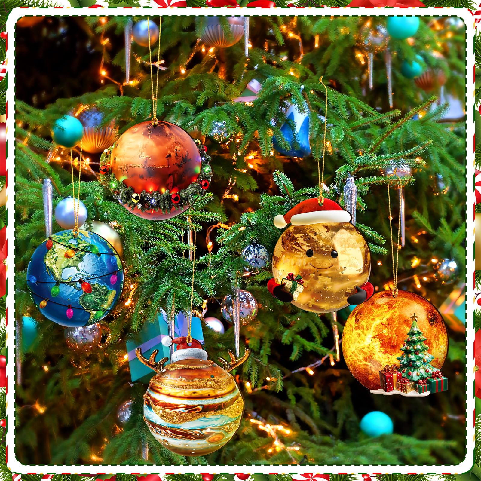 Vercraft 20 Pcs Eight Planets Hanging Christmas Ornaments with Santa Hat Flat Wooden Outer Space Solar System Cutouts Sun Earth