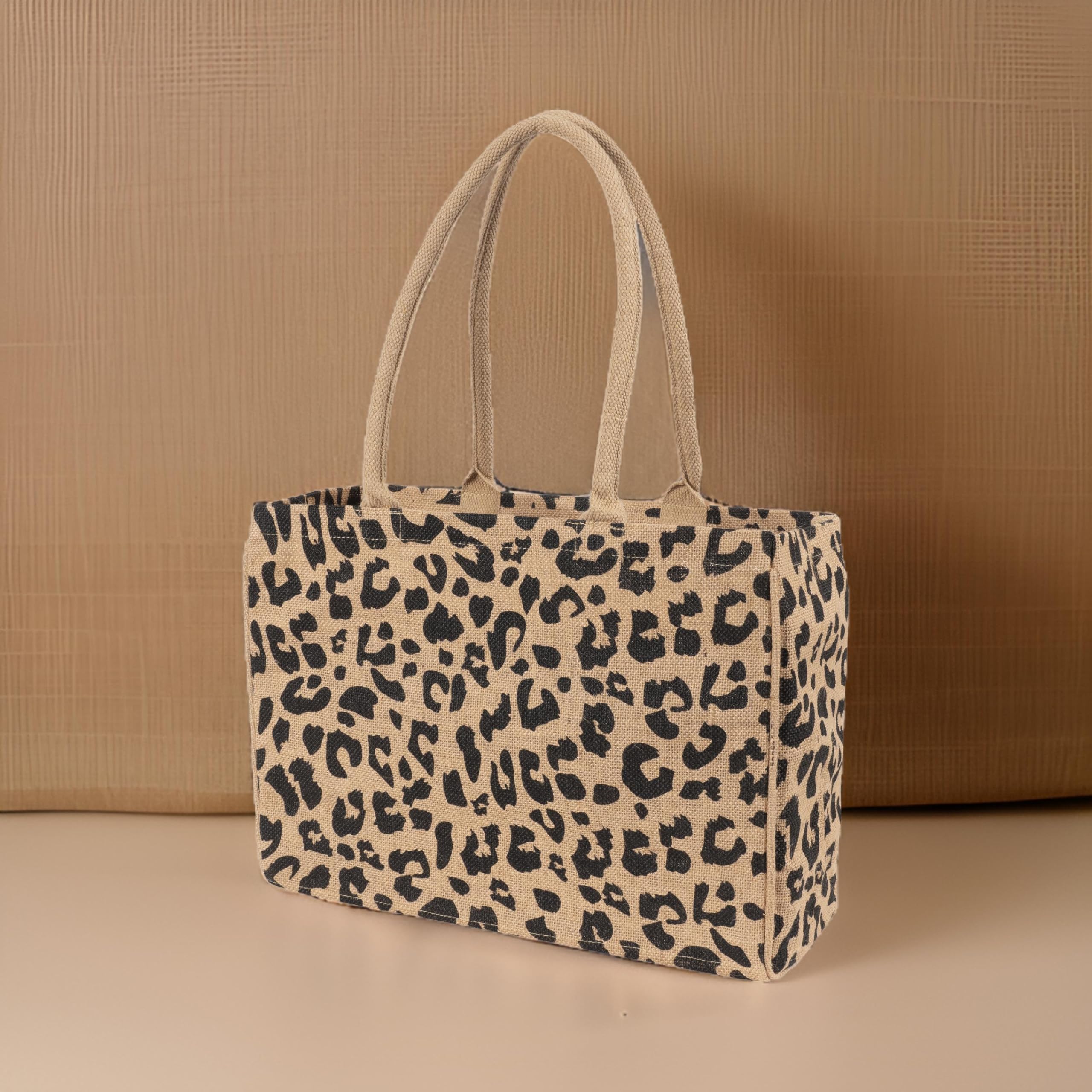 Kaf Home Jute Market Tote Bag, Leopard Print, Durable Handle, Reinforced Bottom And Interior Zipper Pocket