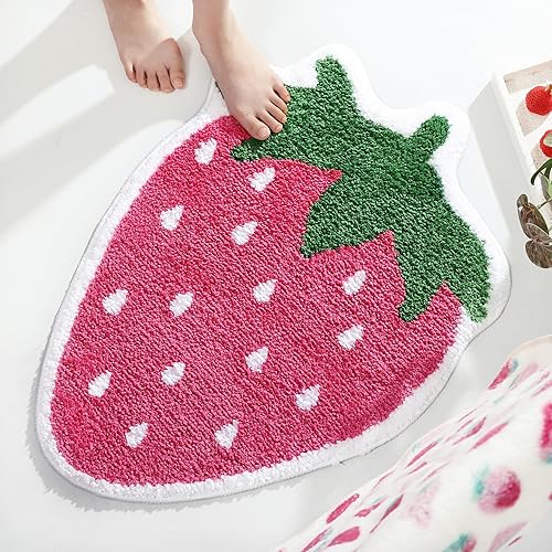 FROZZUR Pink Strawberry Bath Mat  Bath Mats for Bathroom Fruit Shaped Bathtub Rug Bathroom Tub Plush Shower Rugs Washable Non Slip