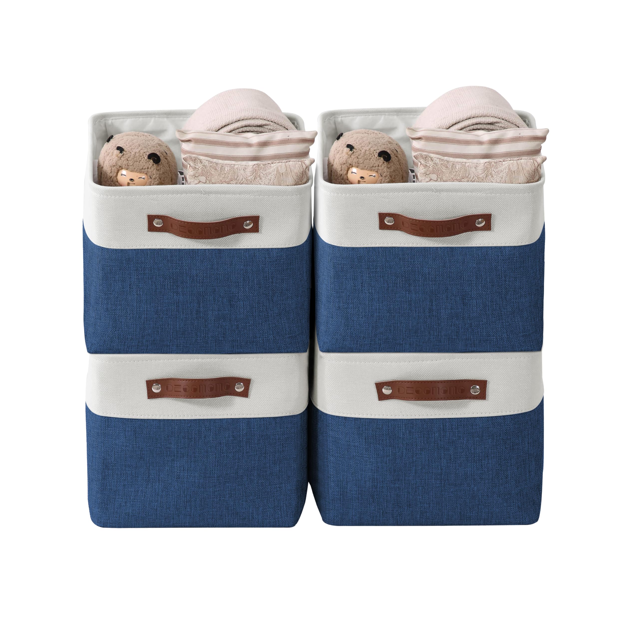 DECOMOMO Storage Baskets for Shelves - Fabric Storage Bins, Linen Closet Organizers and Storage (Navy Blue & White, Large - 4 Pa