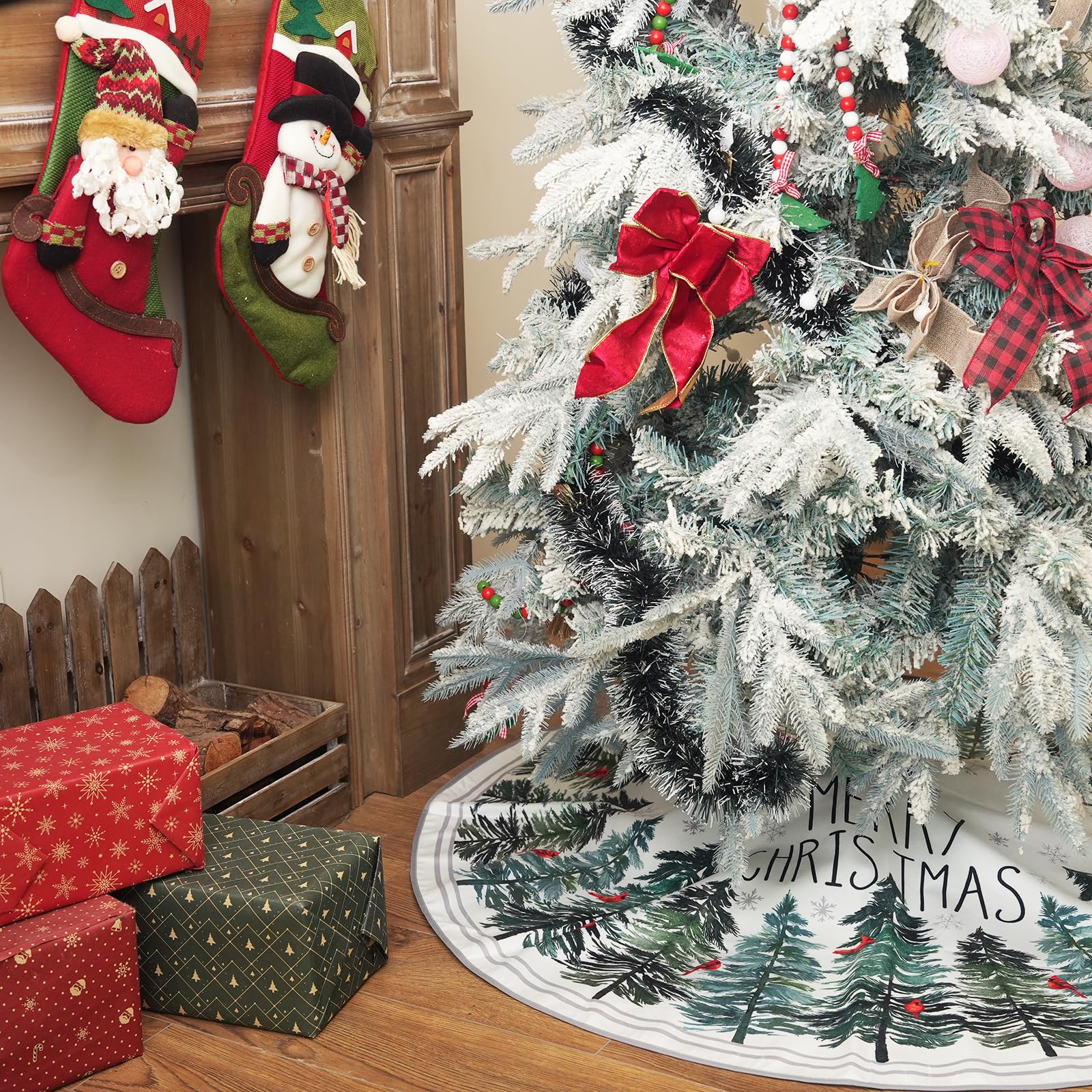 CROWNED BEAUTY Christmas Tree Skirt Collar 48 Inch Green Pine Trees Red Cardinals Soft Farmhouse Holiday Decoration (Green) TS37