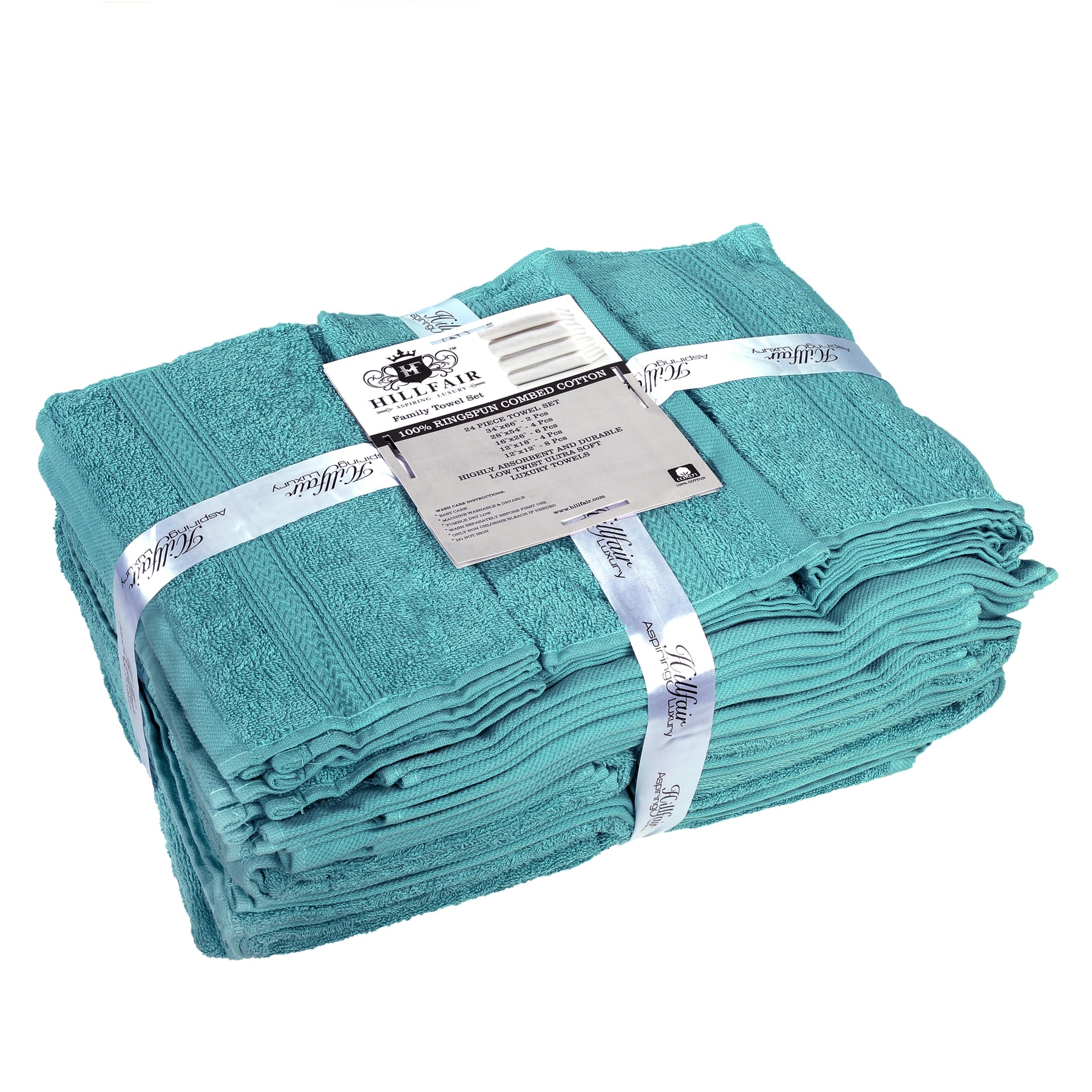 Hillfair Bathoom Towel Set of 24 Pieces  2 Bath Sheets  4 Bath Towels  6 Hand Towels  4 Fingertip Towels  8 Washclothes  Quick Drying  High Absorbent Towel Set for Bathroom: Aqua/Sea Green