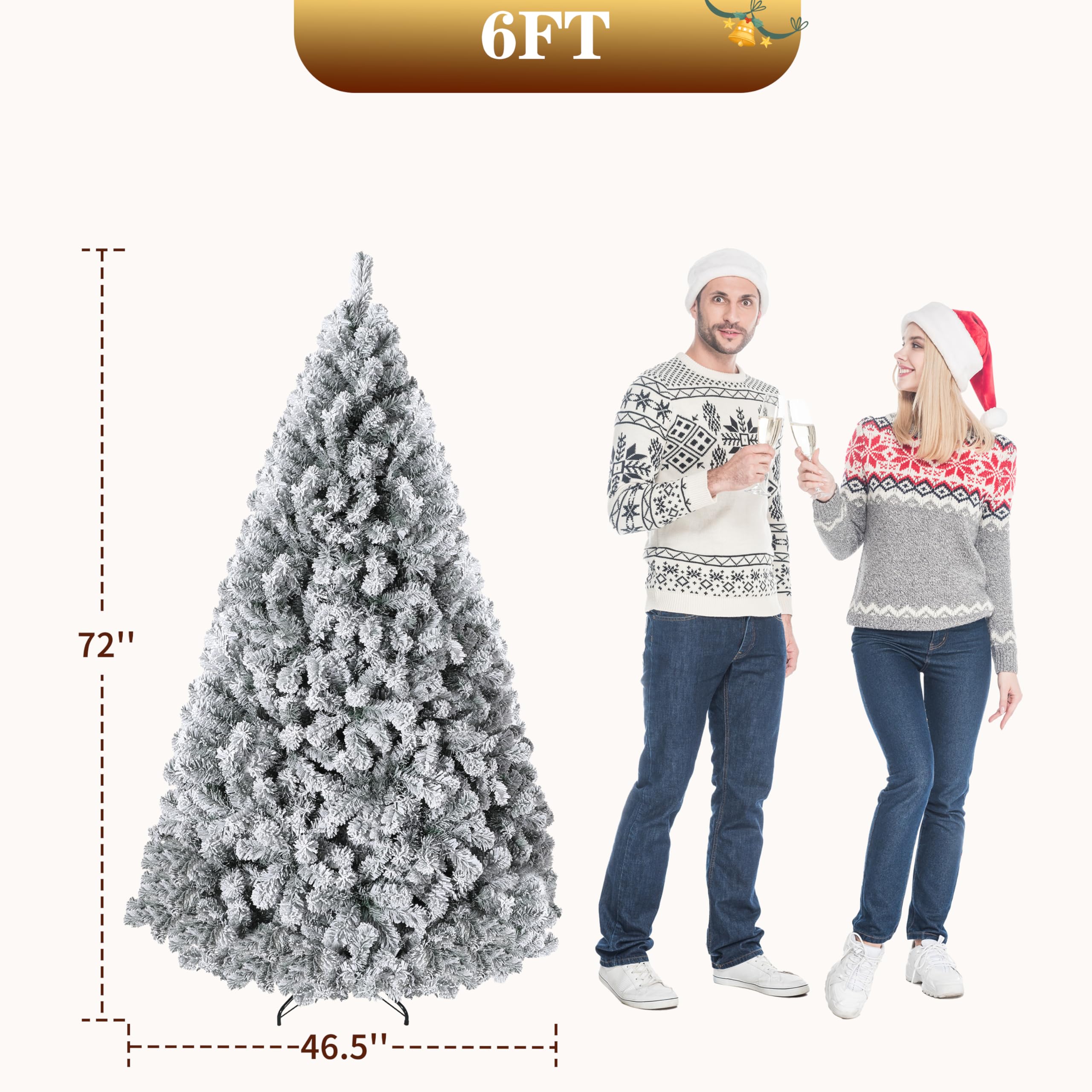 6 ft Christmas Tree, Christmas Decorations with 250 Lights, Pre-lit Artificial Christmas Tree with 710 Snowy White PVC Branches,