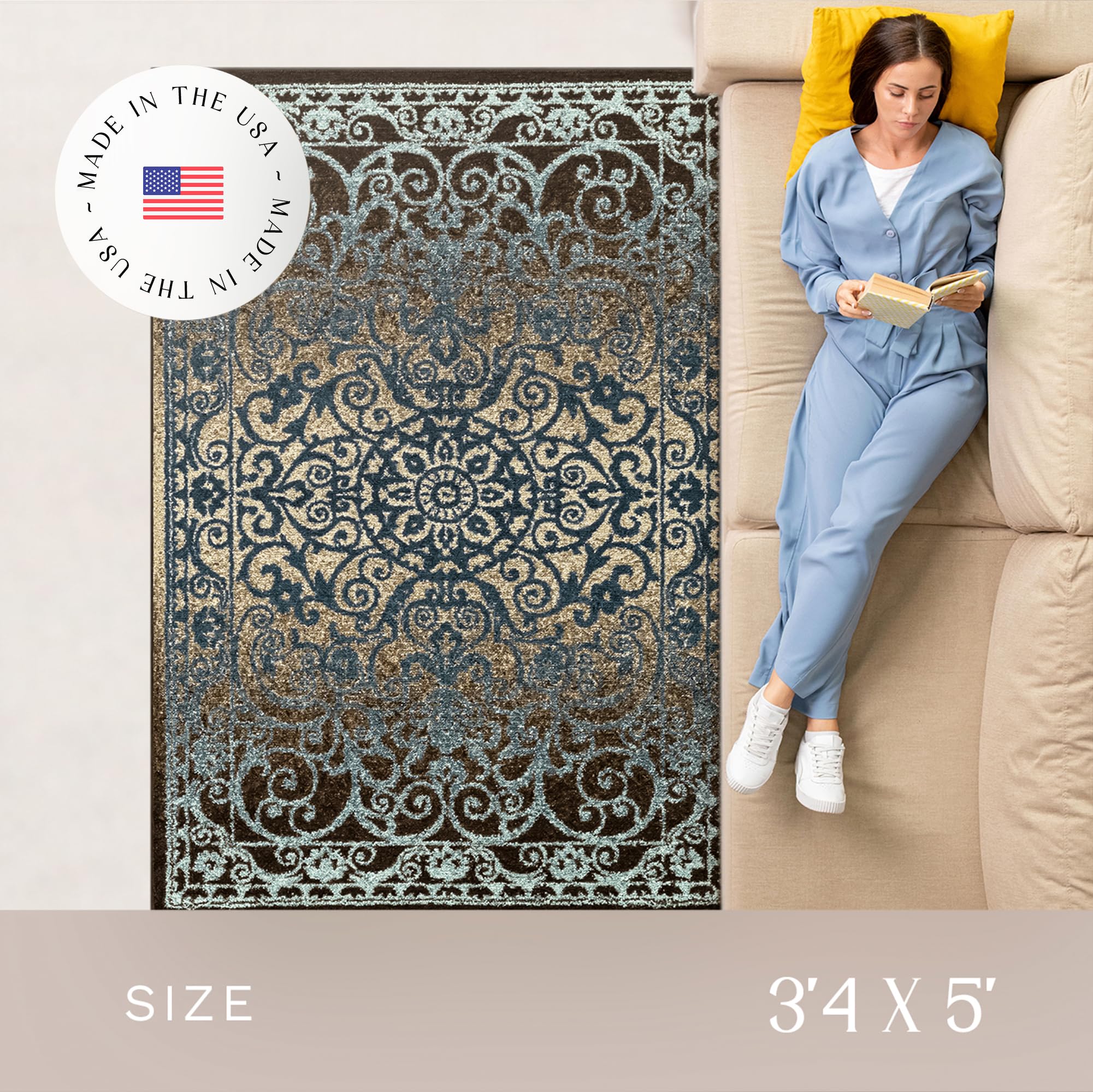 Maples Rugs Pelham Transitional Area Rugs - Made in USA - Washable, Non Slip, Pet-Friendly Mat for Bedroom, Office, and Entryway